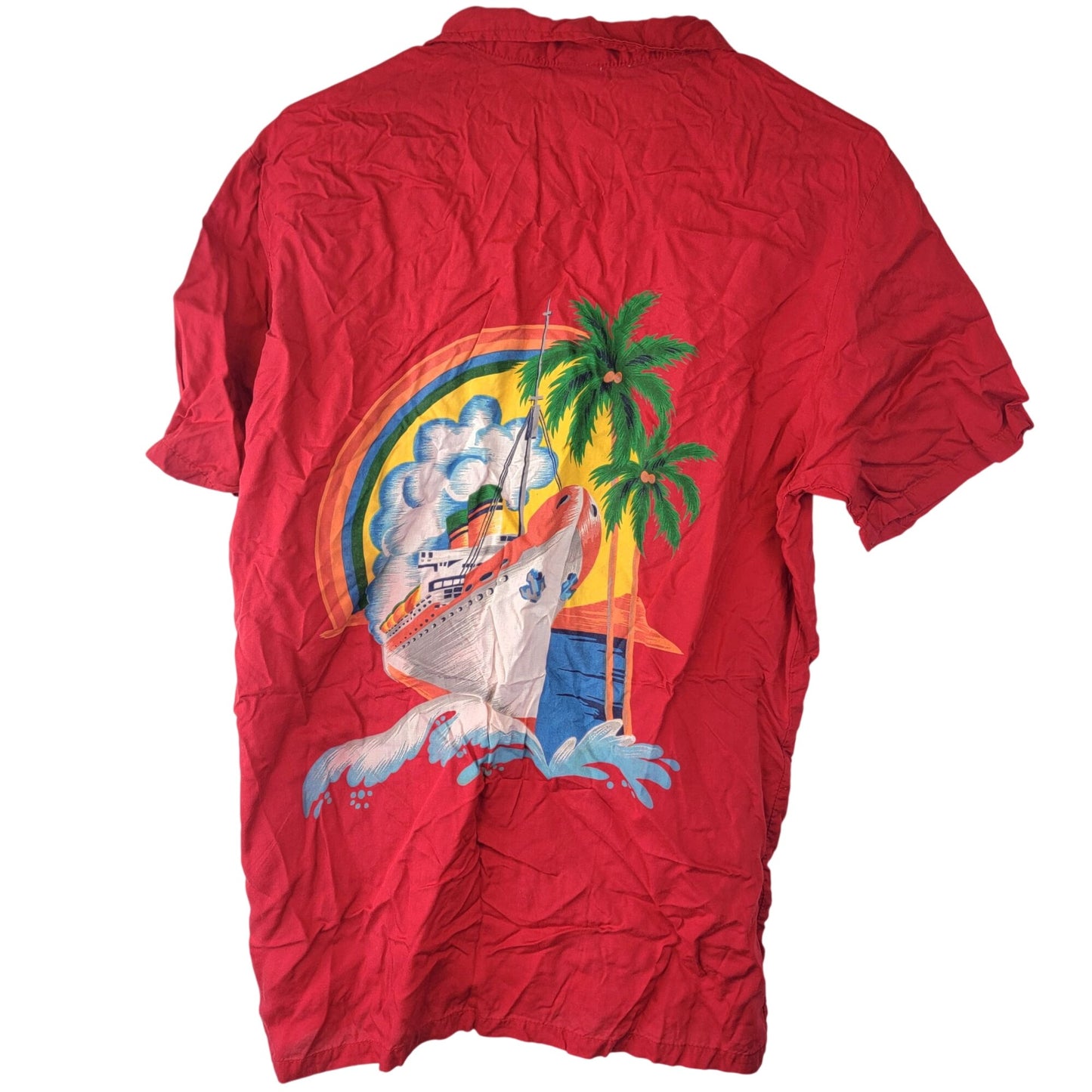 OP Vintage 80s Boat Shirt Men Large Red Collar Button Cruise Trip Top Nautical L