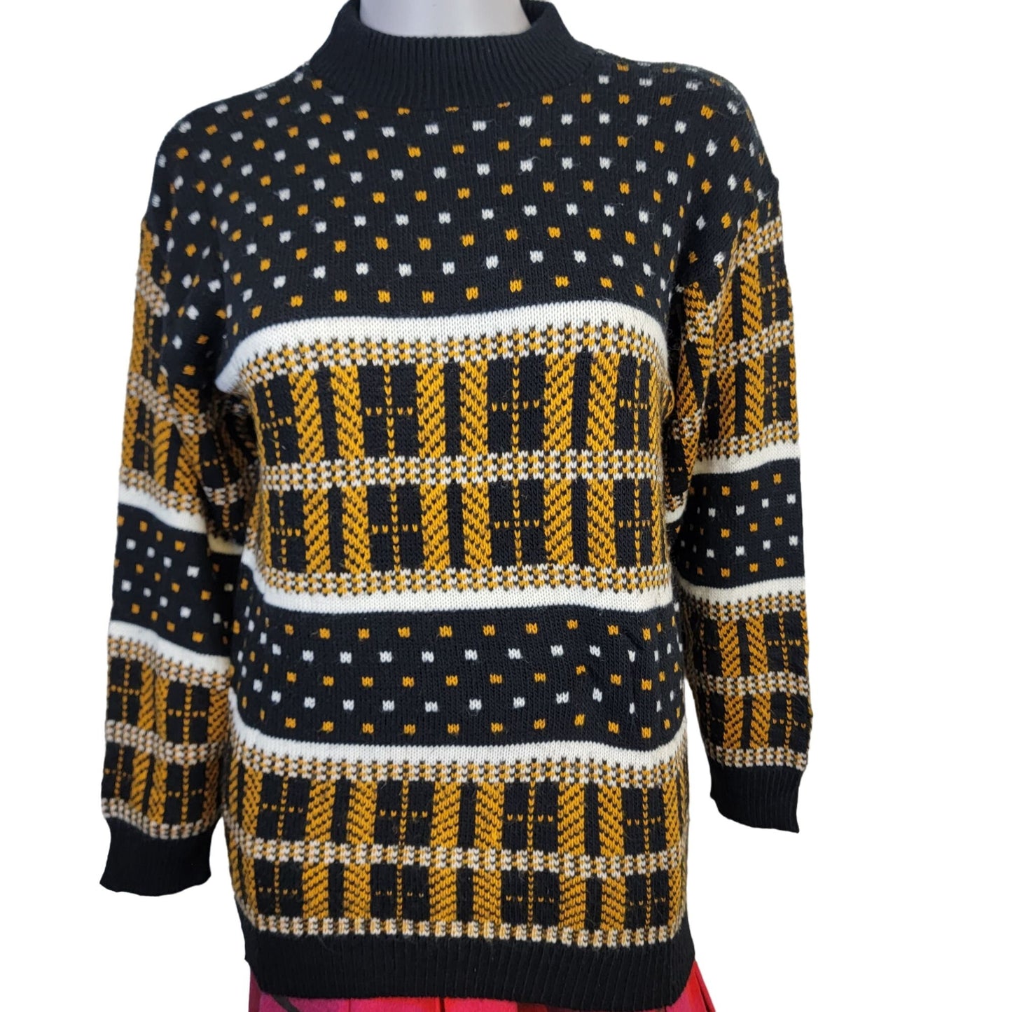 Vintage 70s Geometric Sweater Women Medium Brown Black