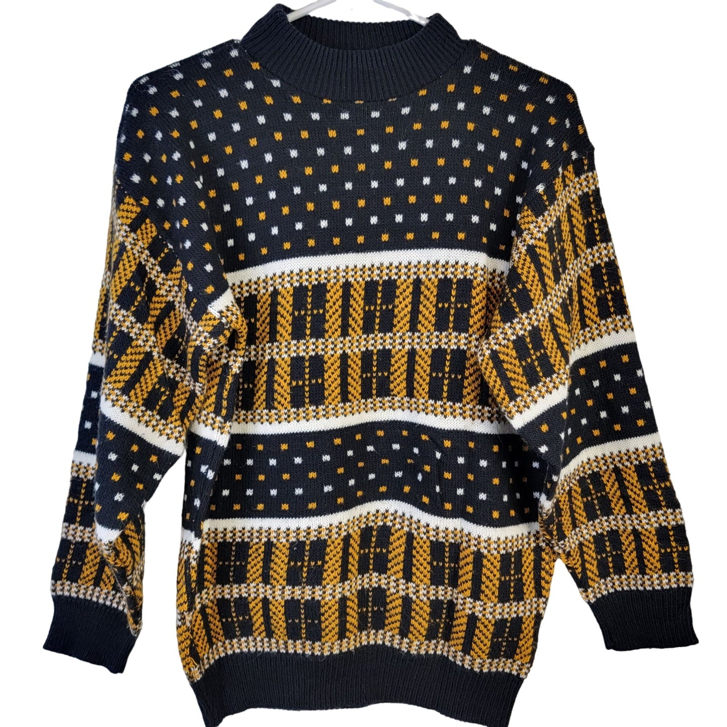 Vintage 70s Geometric Sweater Women Medium Brown Black