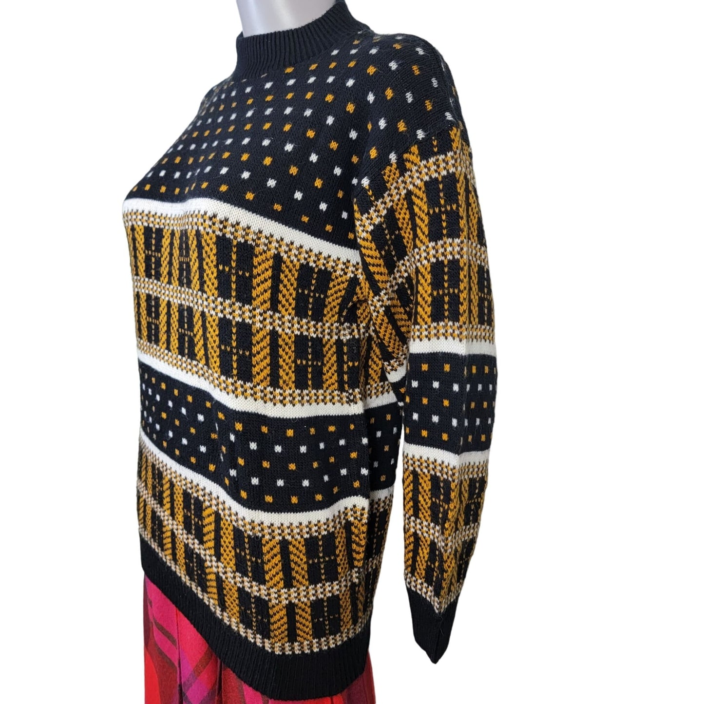 Vintage 70s Geometric Sweater Women Medium Brown Black