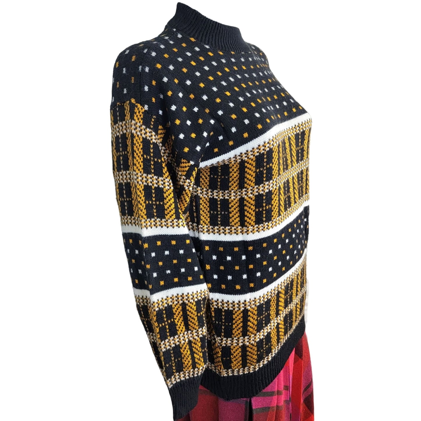 Vintage 70s Geometric Sweater Women Medium Brown Black