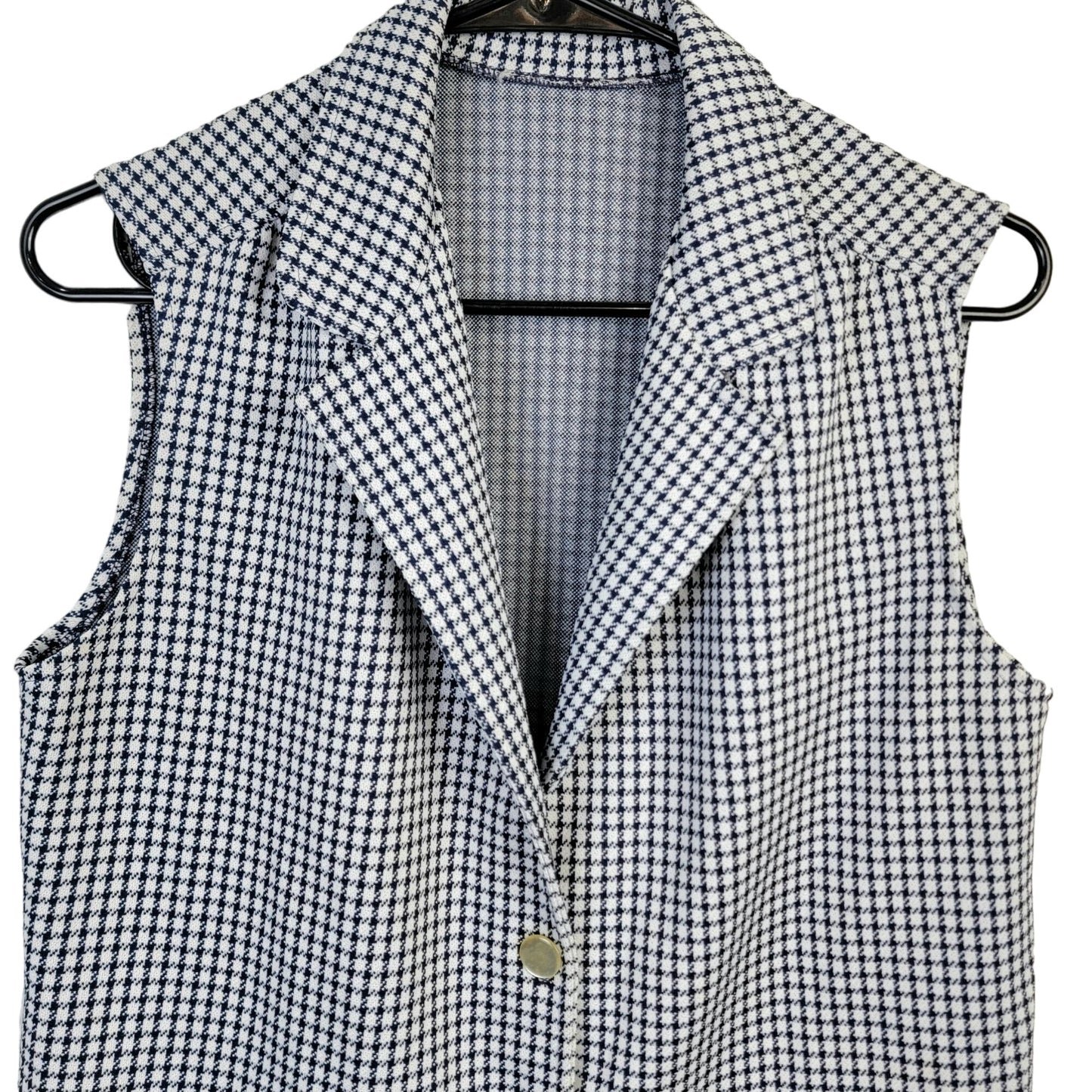 Vintage 70s Vest Jacket Women Medium White Blue Gingham