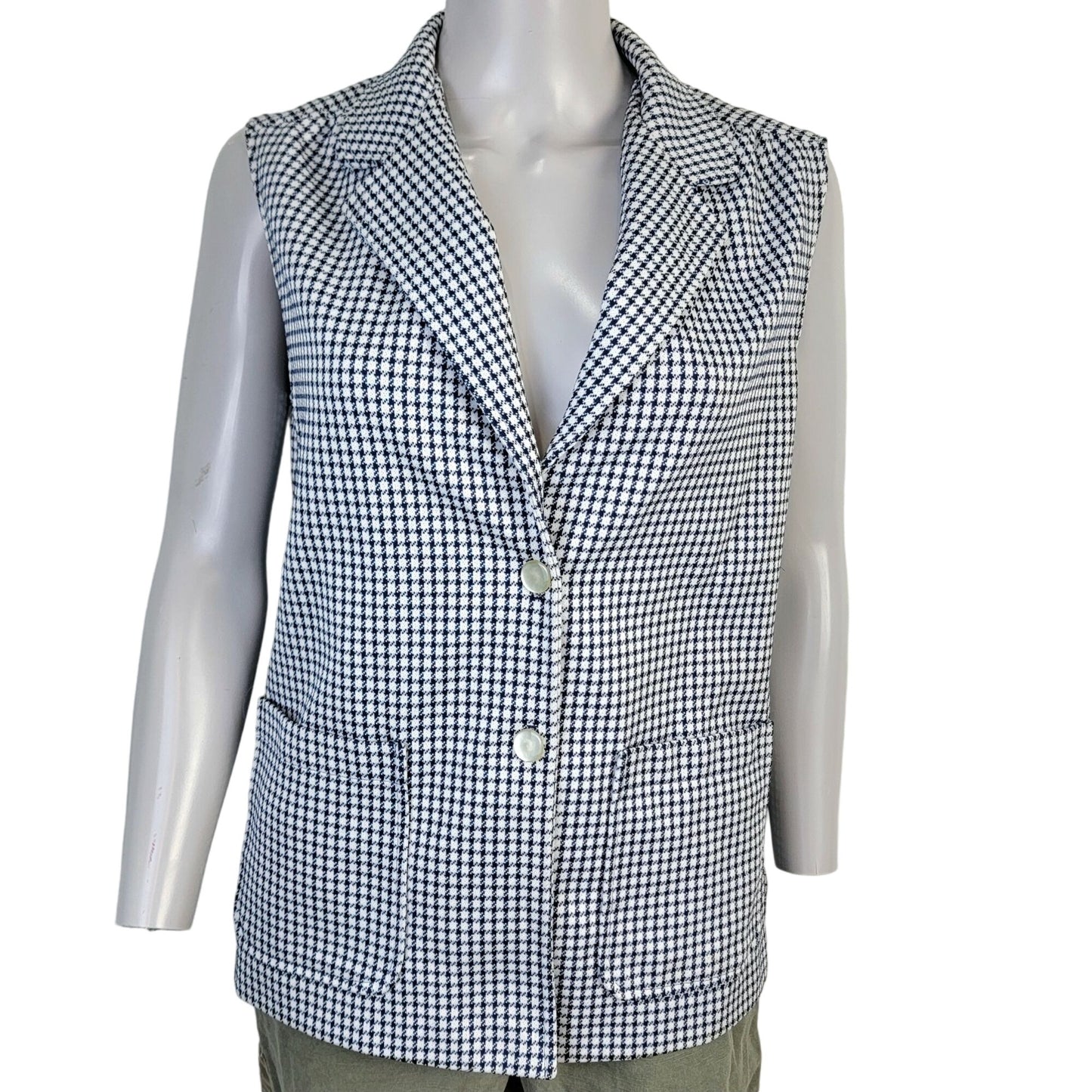 Vintage 70s Vest Jacket Women Medium White Blue Gingham