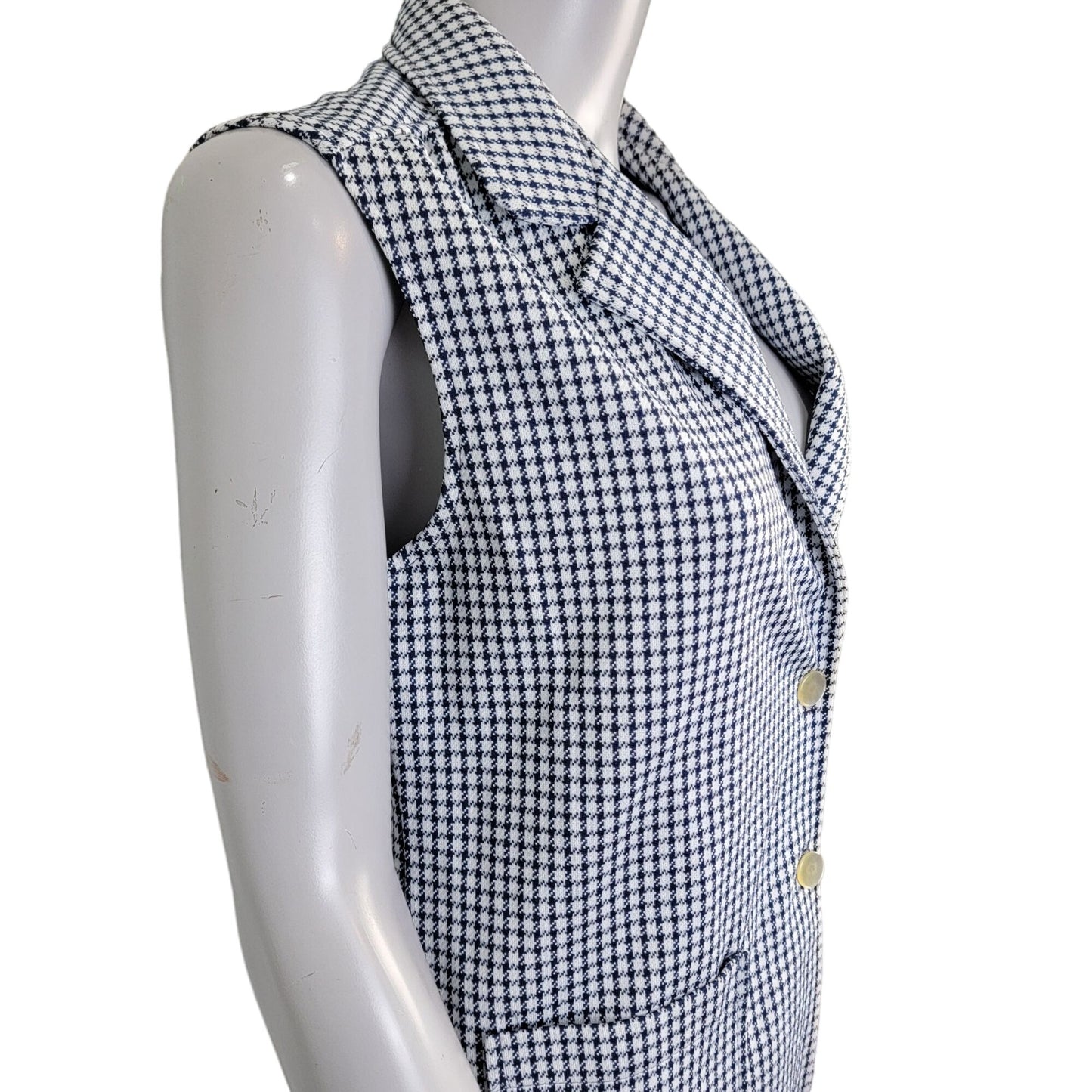 Vintage 70s Vest Jacket Women Medium White Blue Gingham