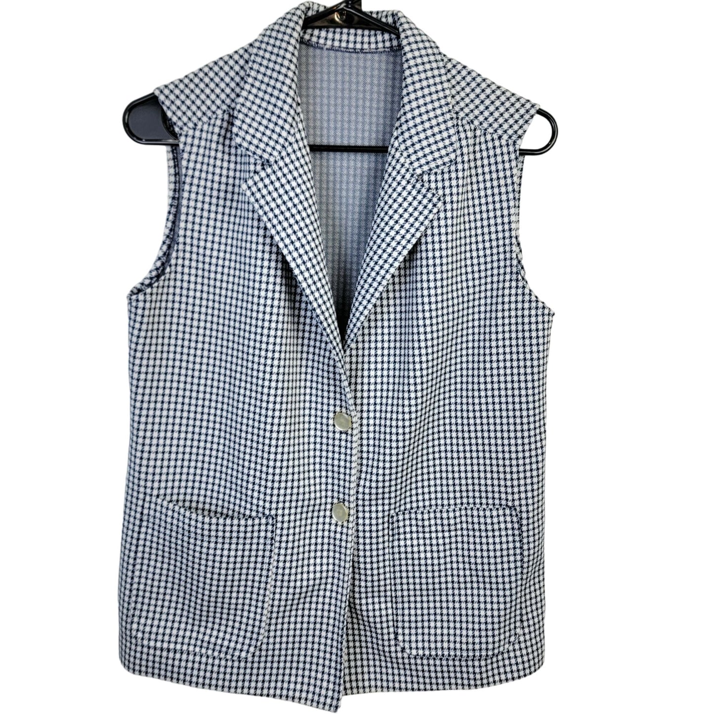 Vintage 70s Vest Jacket Women Medium White Blue Gingham