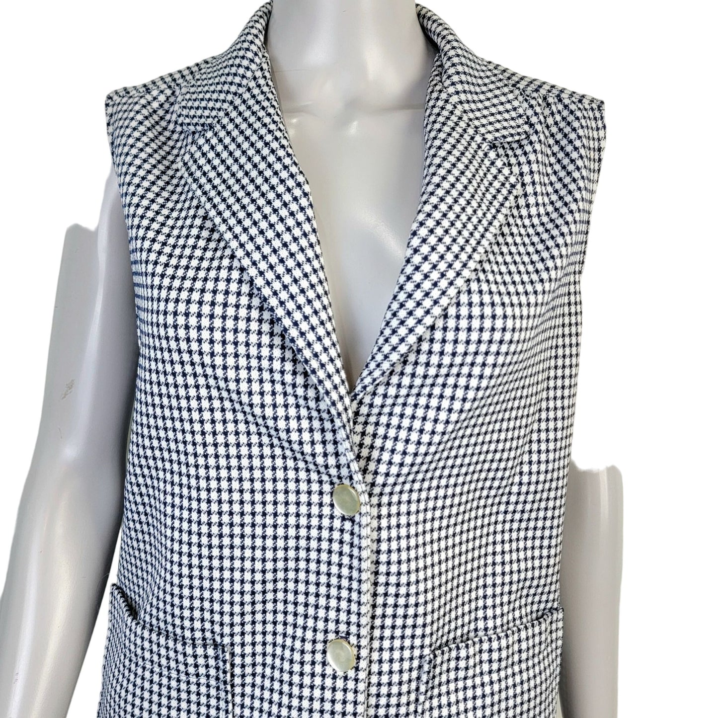 Vintage 70s Vest Jacket Women Medium White Blue Gingham