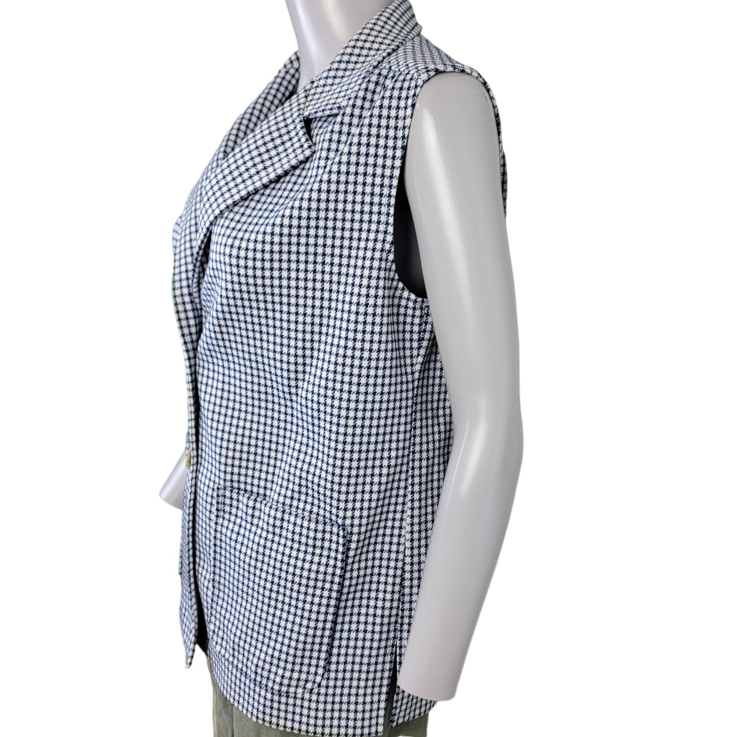 Vintage 70s Vest Jacket Women Medium White Blue Gingham