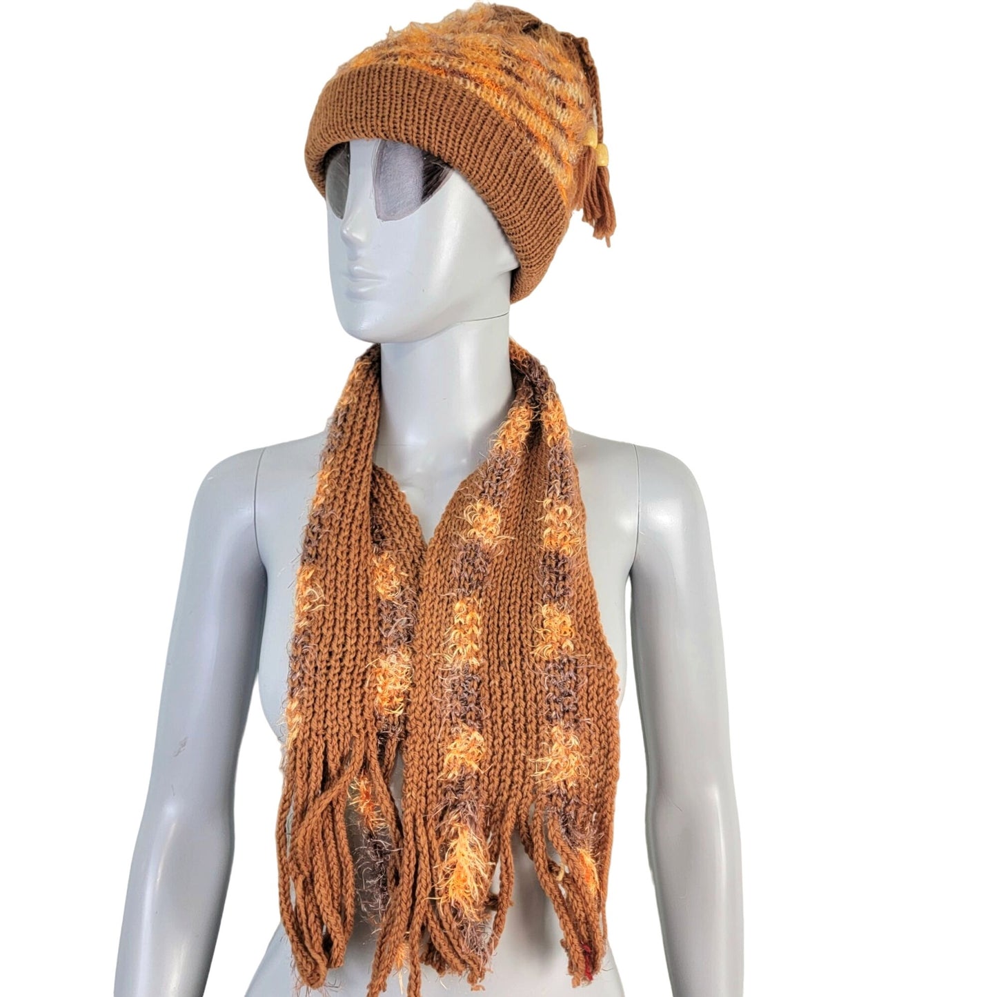 Retro Crochet Scarf Beanie Cap Set Women One Size Winter Accessories