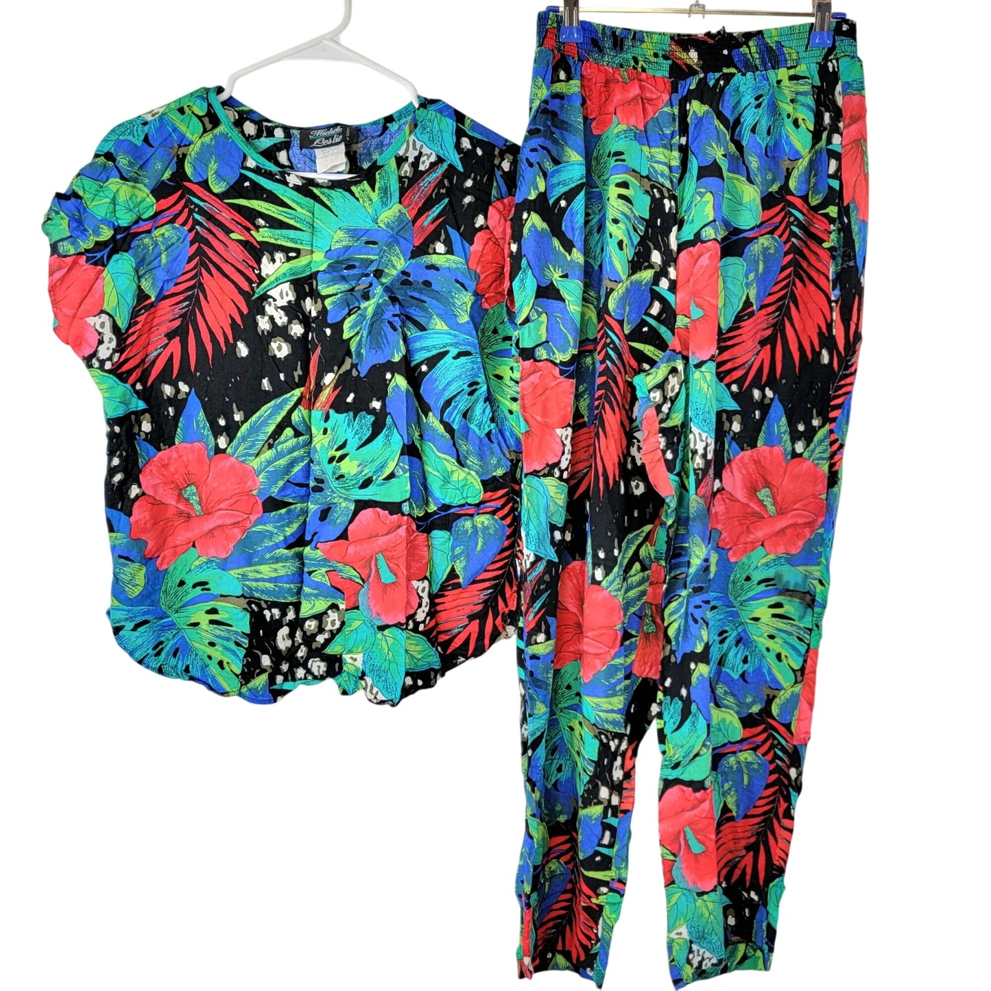 Vintage 80s Floral Set Women Medium Black Blue Tropical Blouse Top Pants Plants