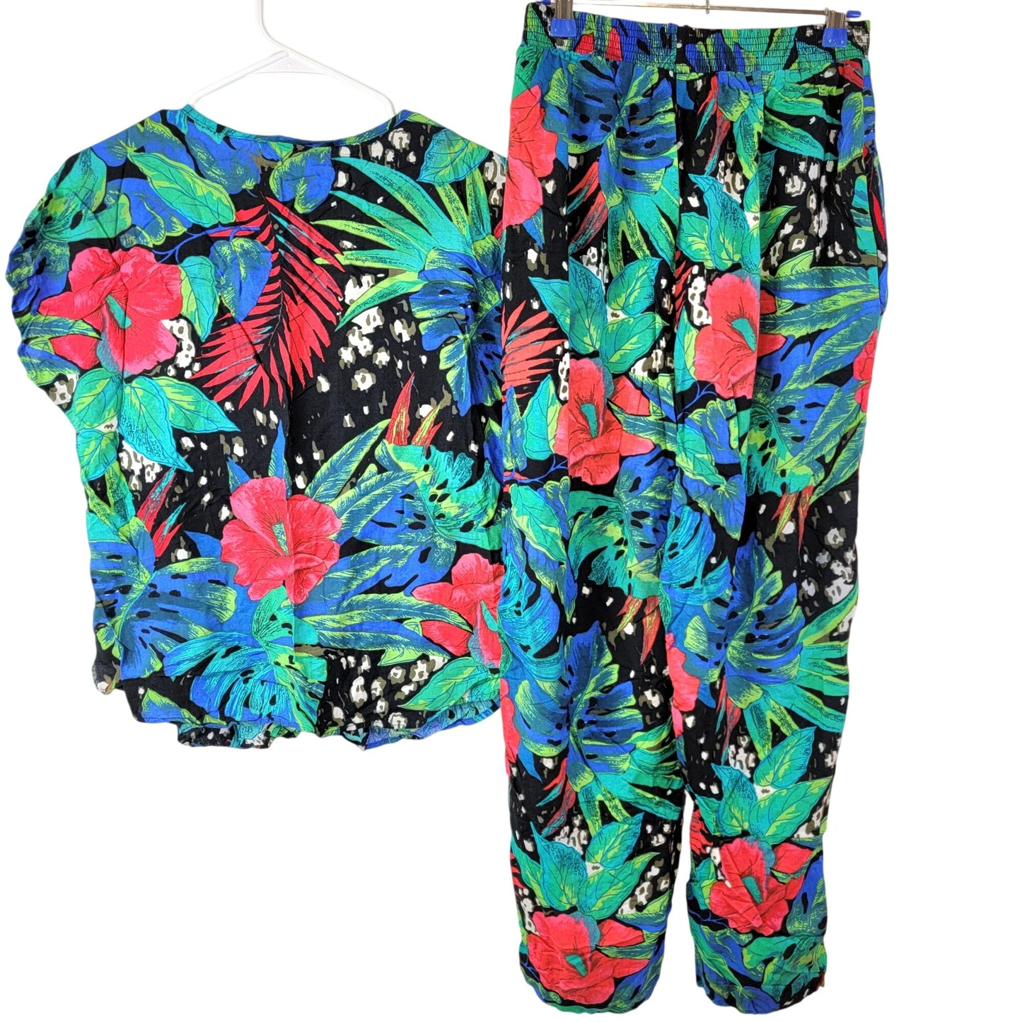 Vintage 80s Floral Set Women Medium Black Blue Tropical Blouse Top Pants Plants