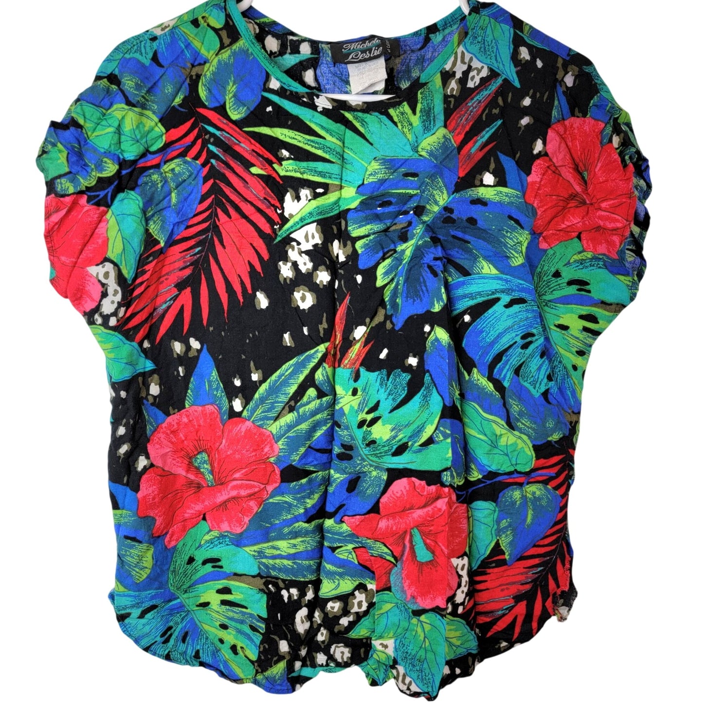 Vintage 80s Floral Set Women Medium Black Blue Tropical Blouse Top Pants Plants