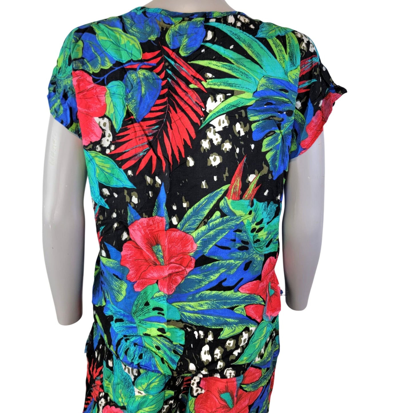 Vintage 80s Floral Set Women Medium Black Blue Tropical Blouse Top Pants Plants