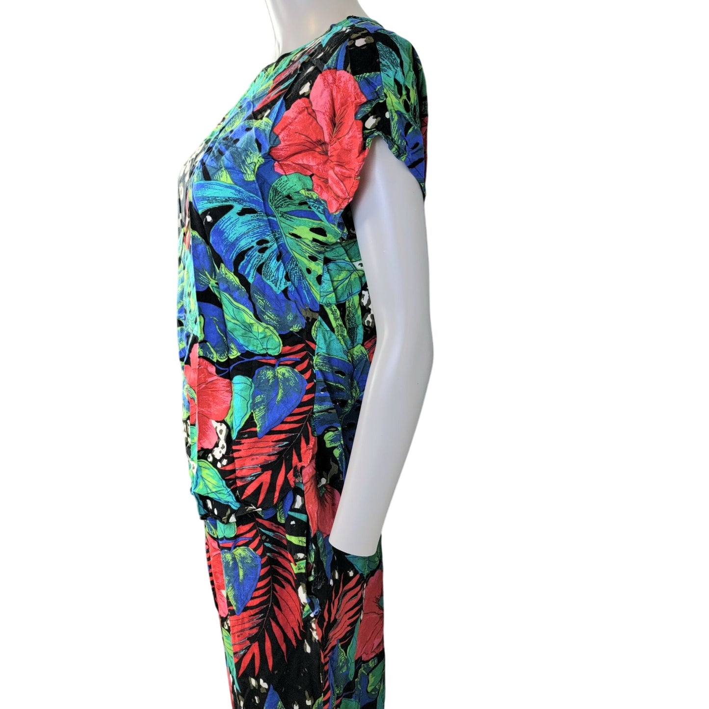 Vintage 80s Floral Set Women Medium Black Blue Tropical Blouse Top Pants Plants