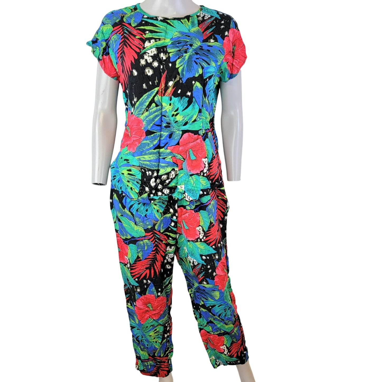 Vintage 80s Floral Set Women Medium Black Blue Tropical Blouse Top Pants Plants