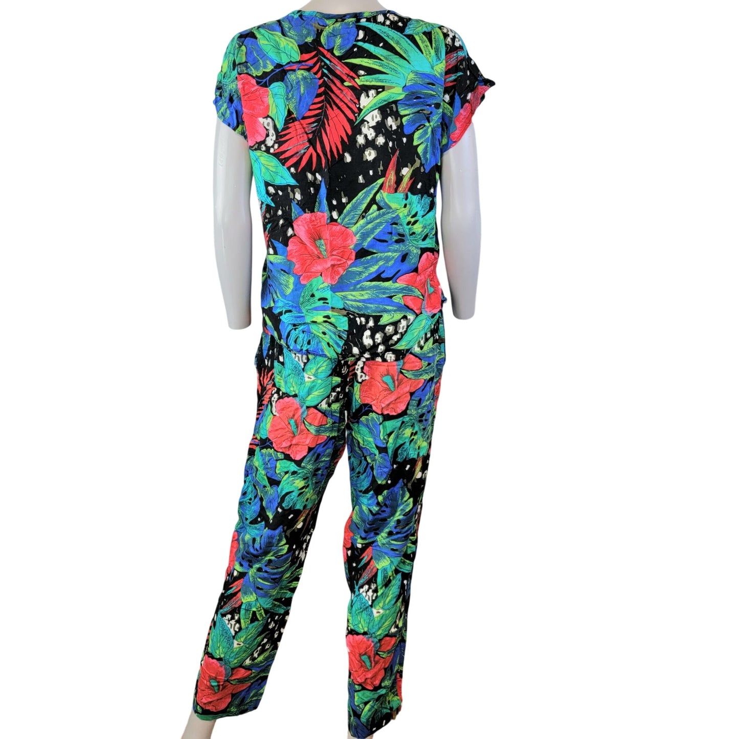 Vintage 80s Floral Set Women Medium Black Blue Tropical Blouse Top Pants Plants