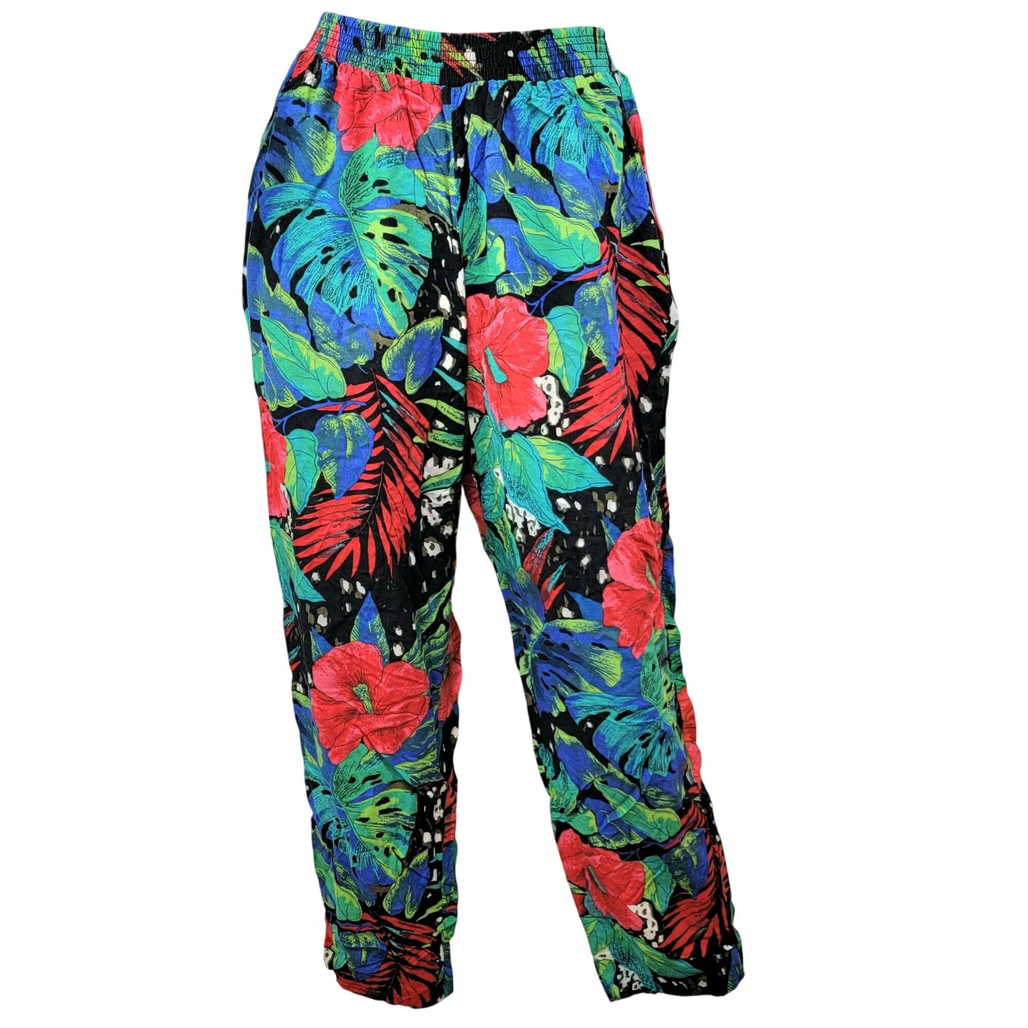 Vintage 80s Floral Set Women Medium Black Blue Tropical Blouse Top Pants Plants