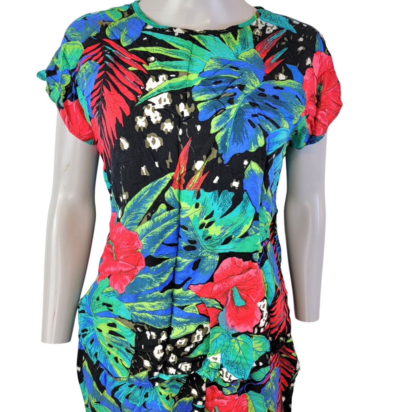 Vintage 80s Floral Set Women Medium Black Blue Tropical Blouse Top Pants Plants