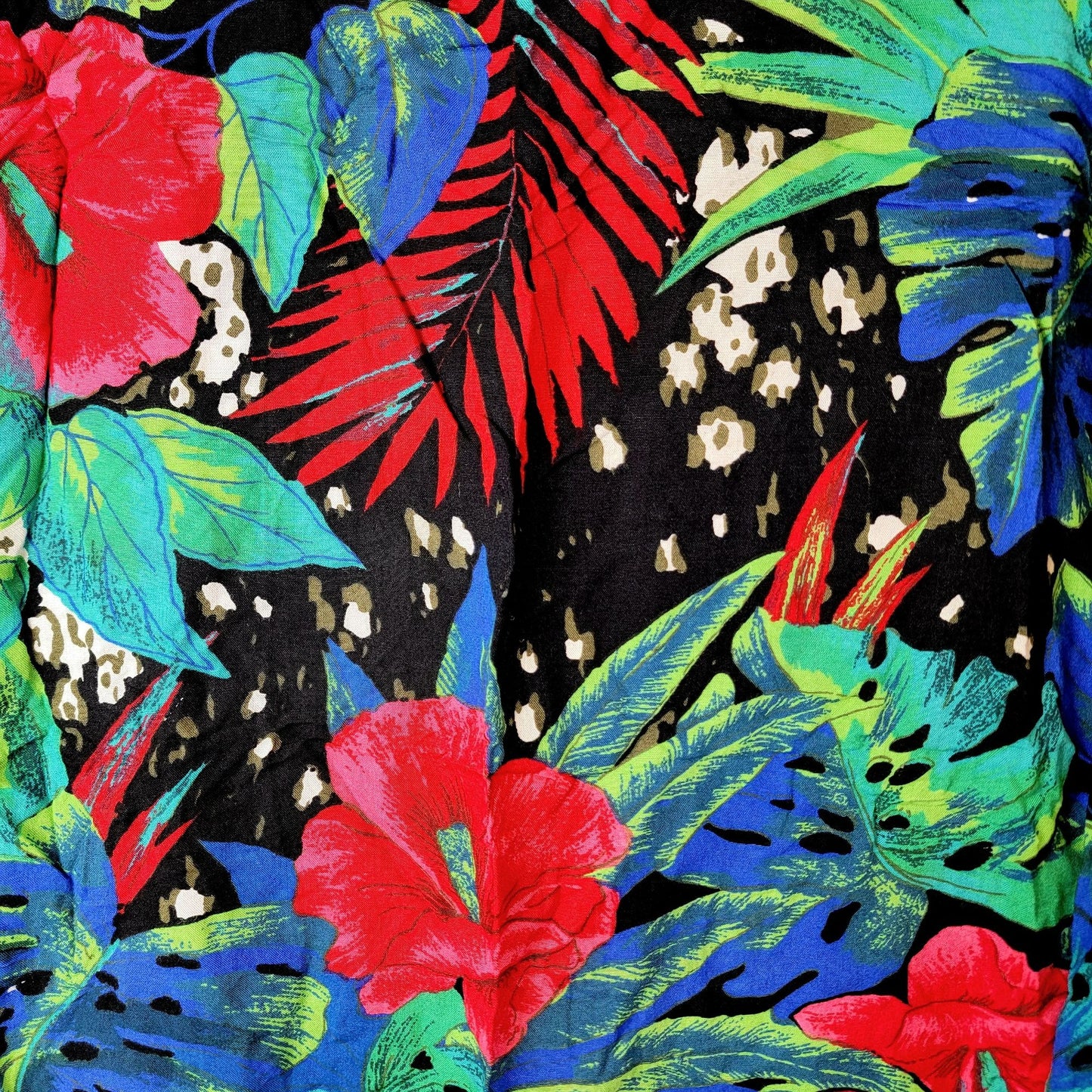 Vintage 80s Floral Set Women Medium Black Blue Tropical Blouse Top Pants Plants