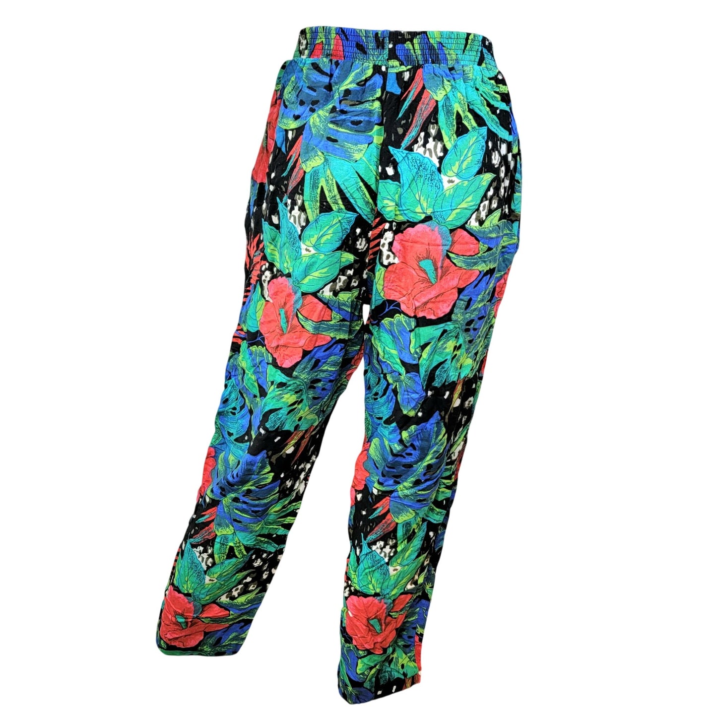 Vintage 80s Floral Set Women Medium Black Blue Tropical Blouse Top Pants Plants