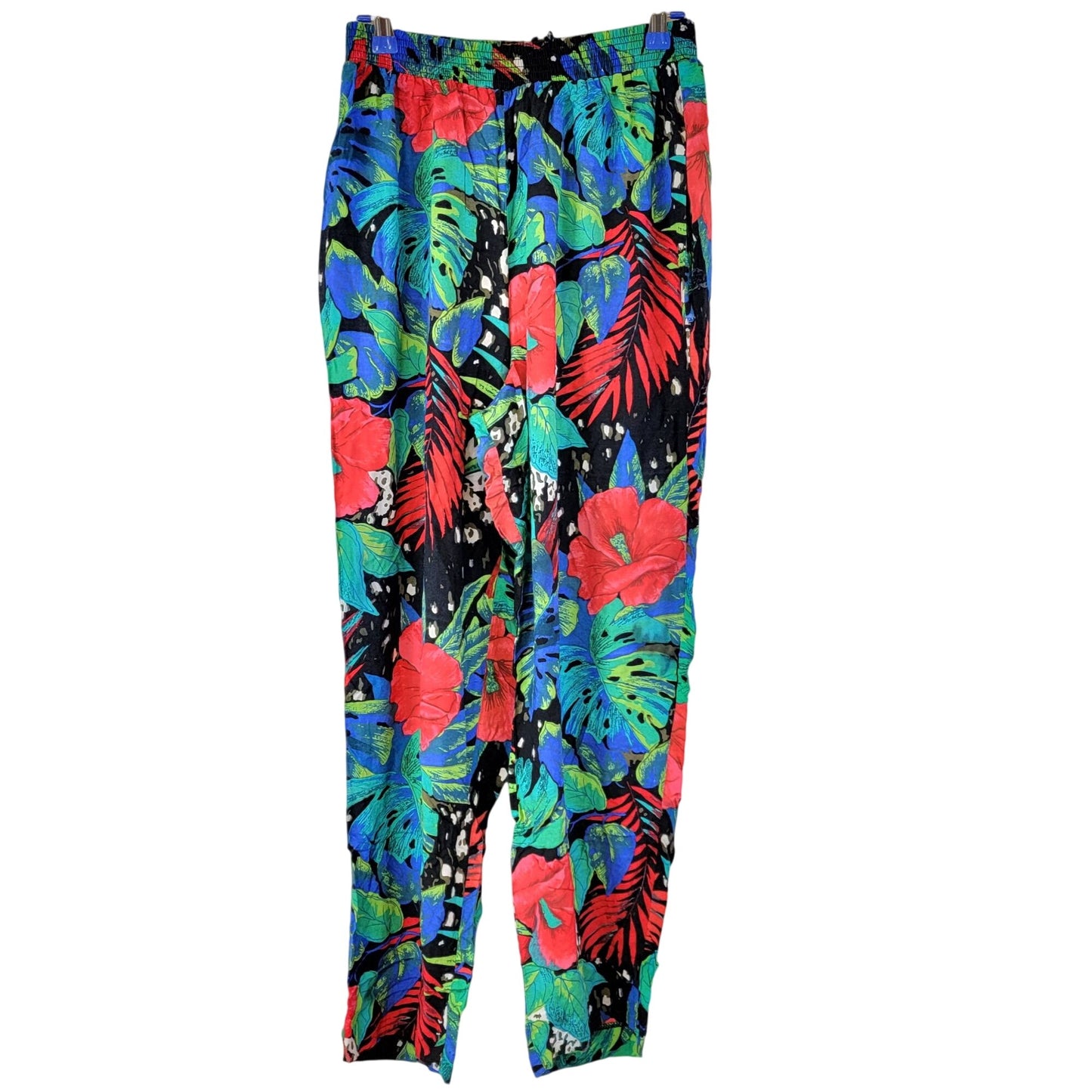 Vintage 80s Floral Set Women Medium Black Blue Tropical Blouse Top Pants Plants