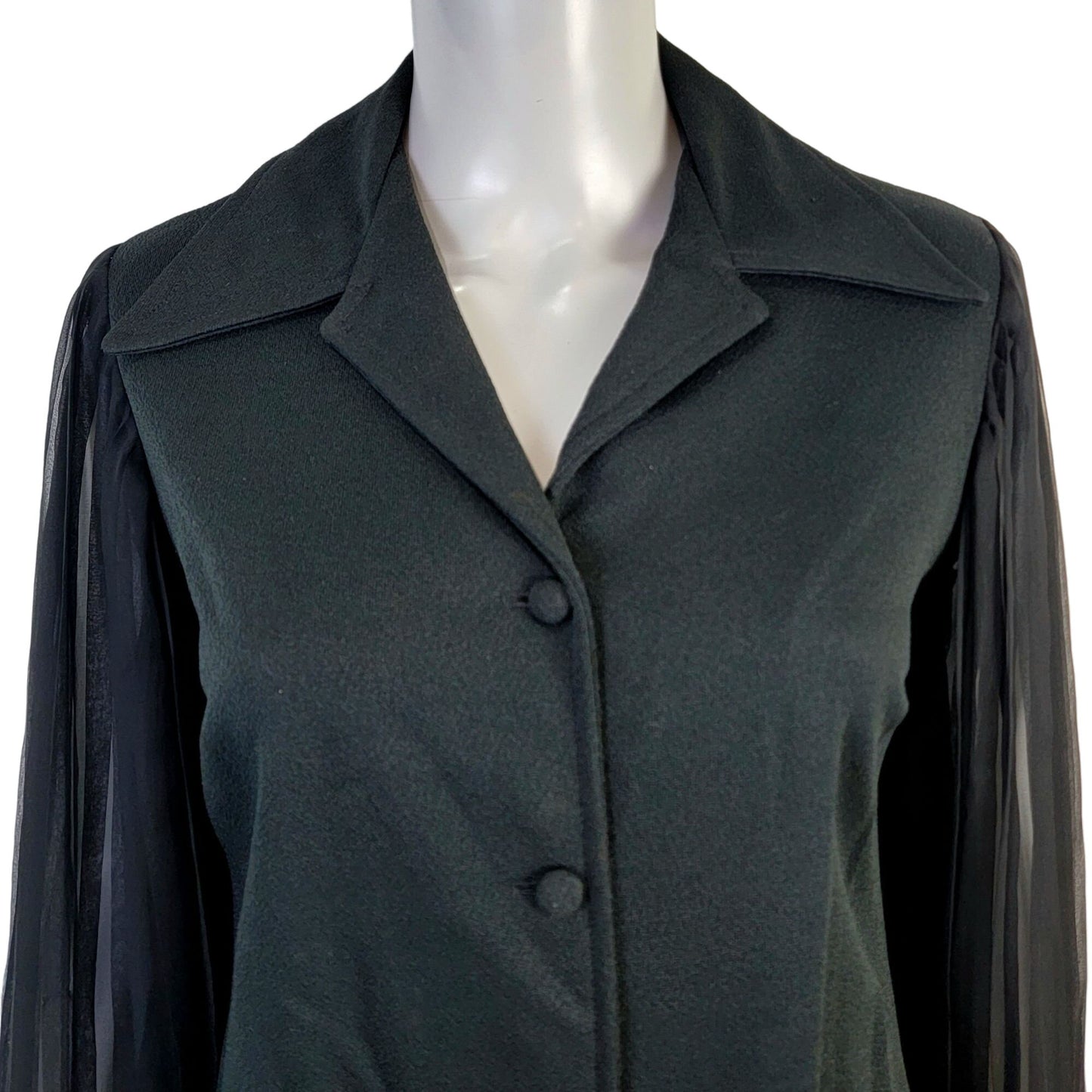 Vintage 70s Button Blouse Women 12 Black Sheer Long Sleeve Shirt