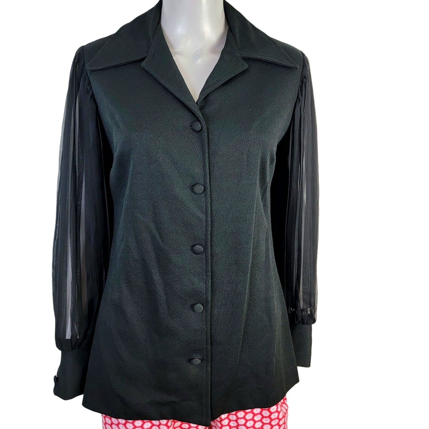 Vintage 70s Button Blouse Women 12 Black Sheer Long Sleeve Shirt