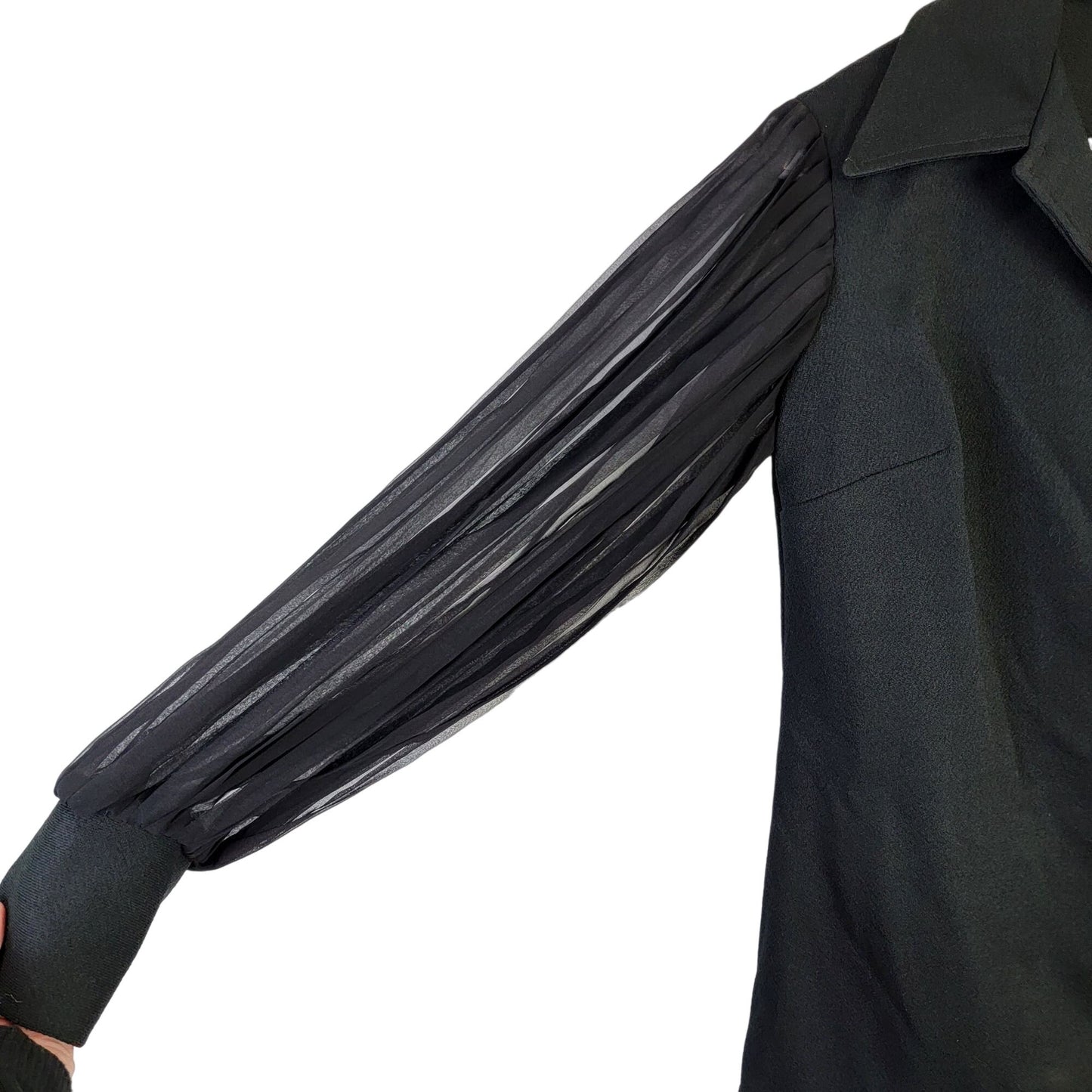 Vintage 70s Button Blouse Women 12 Black Sheer Long Sleeve Shirt