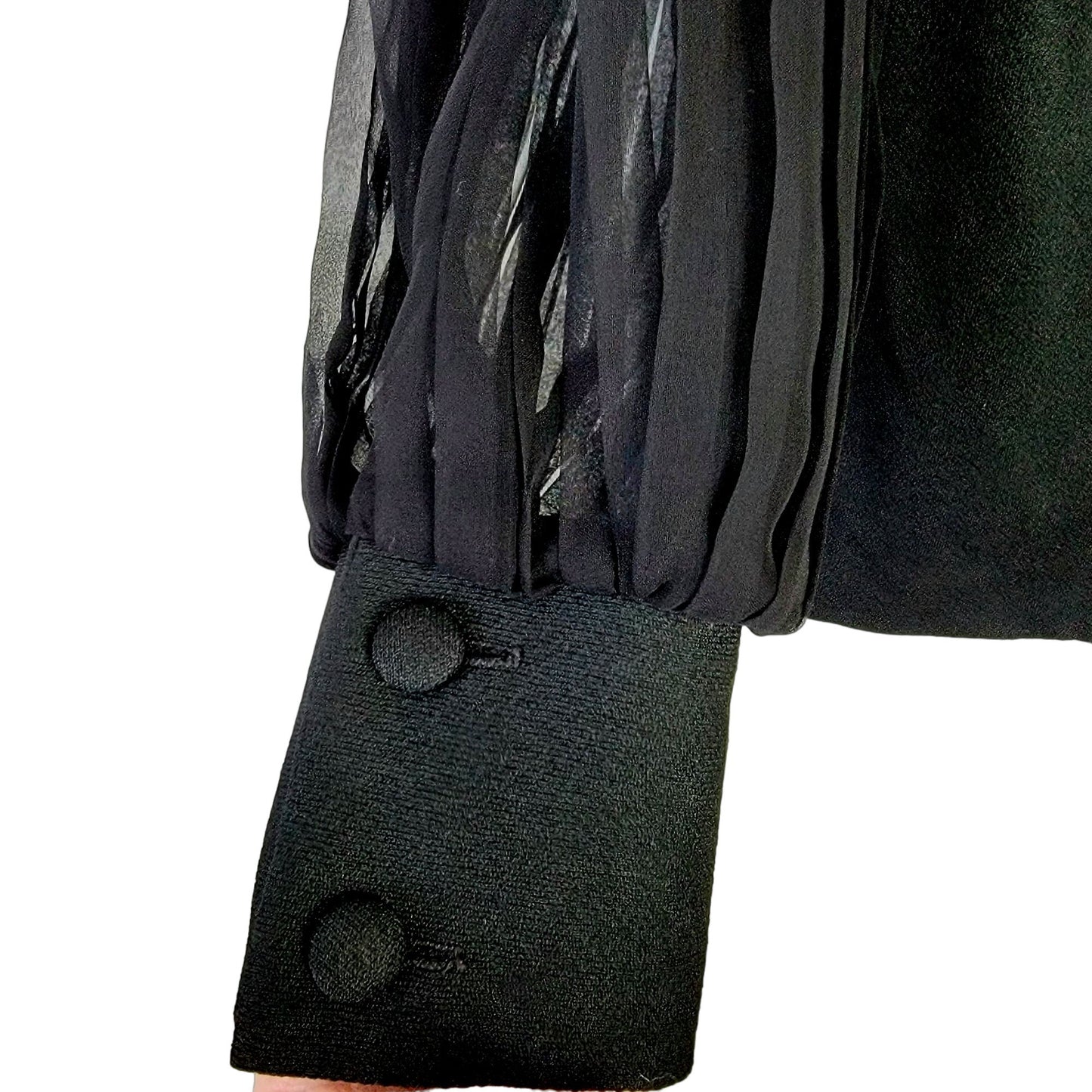 Vintage 70s Button Blouse Women 12 Black Sheer Long Sleeve Shirt