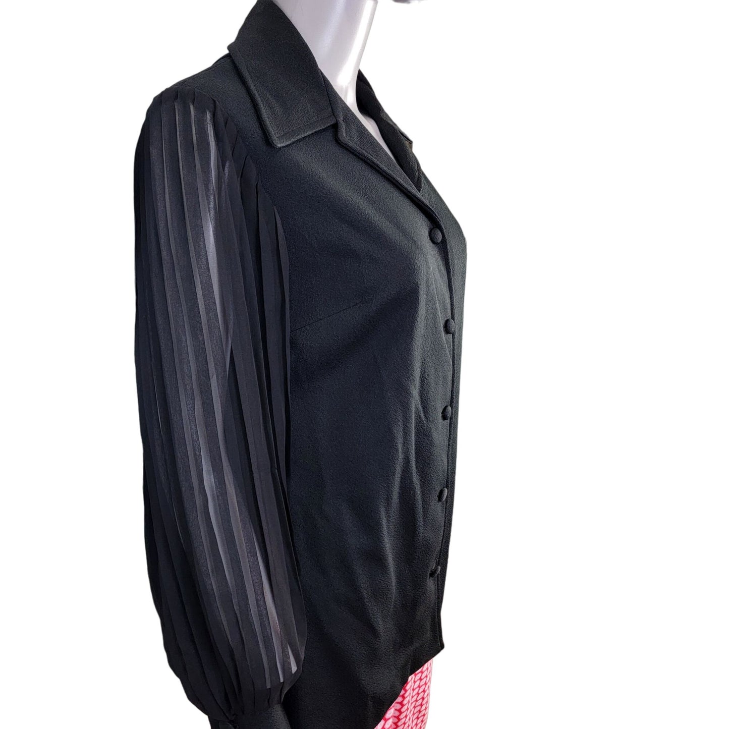 Vintage 70s Button Blouse Women 12 Black Sheer Long Sleeve Shirt