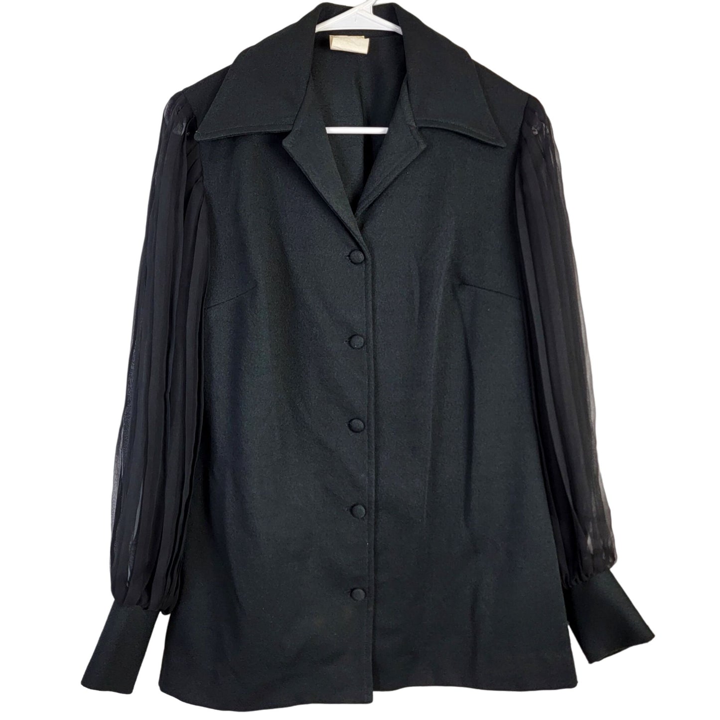 Vintage 70s Button Blouse Women 12 Black Sheer Long Sleeve Shirt