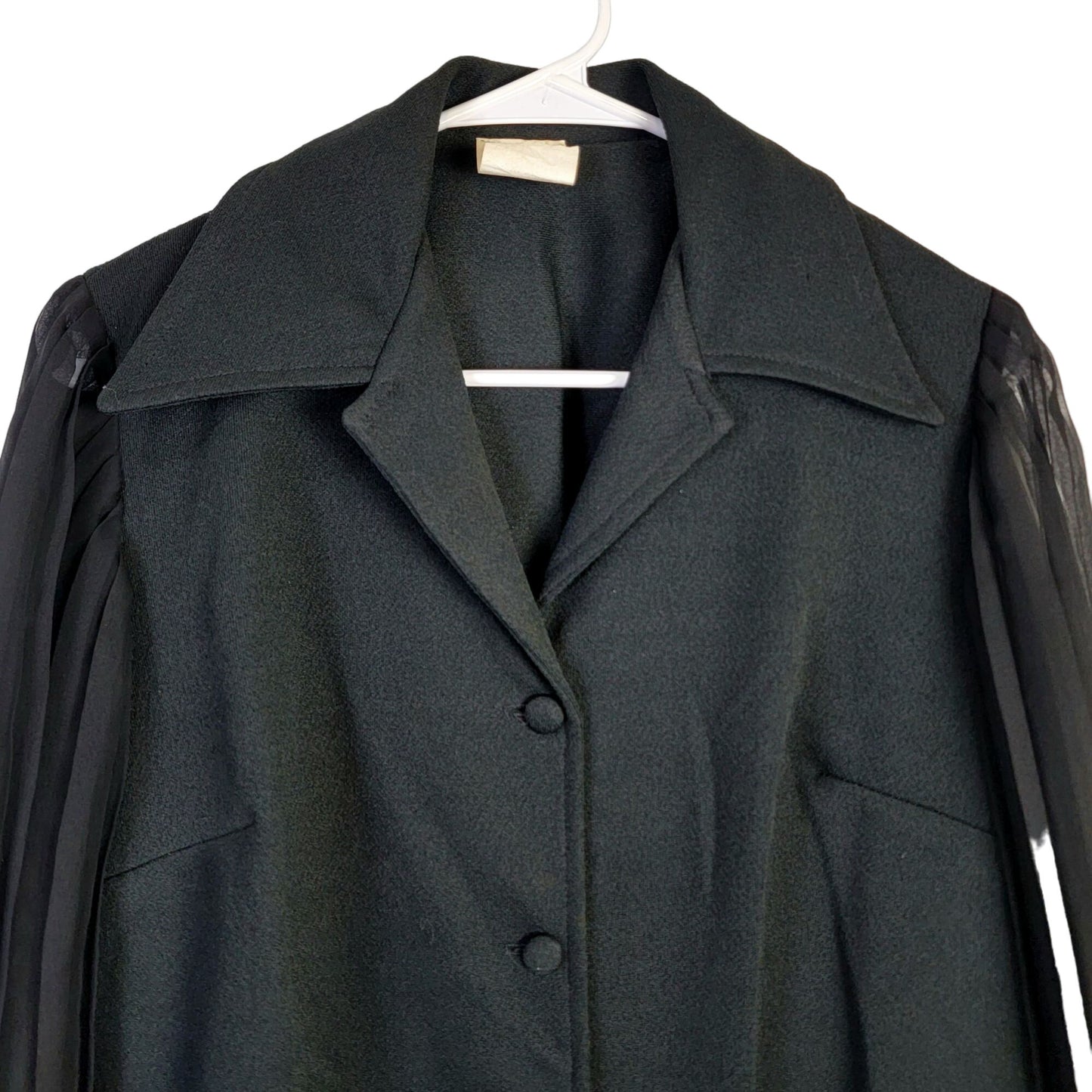Vintage 70s Button Blouse Women 12 Black Sheer Long Sleeve Shirt