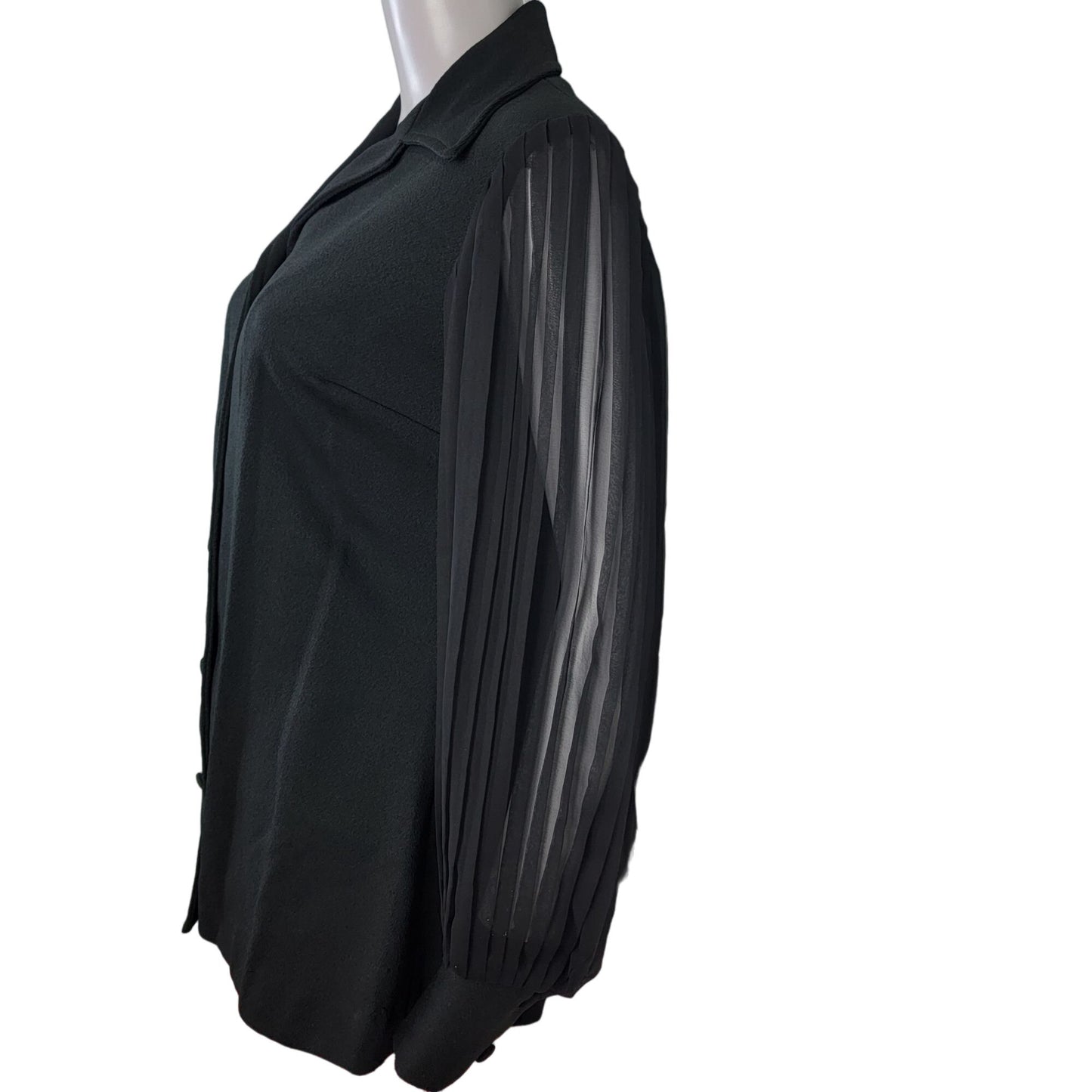 Vintage 70s Button Blouse Women 12 Black Sheer Long Sleeve Shirt