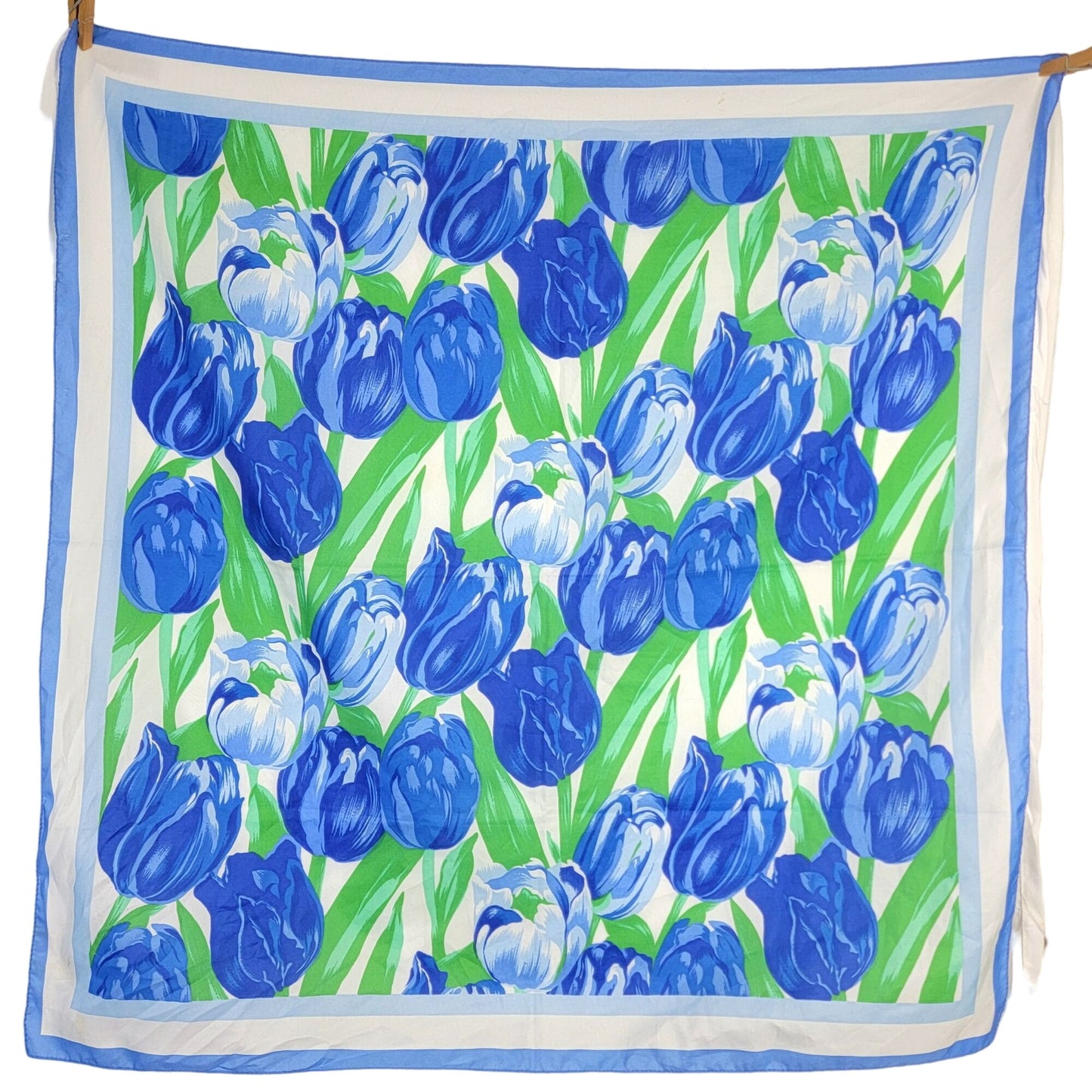 Vintage 80s Tulip Scarf Women Accessories White Blue Green Floral