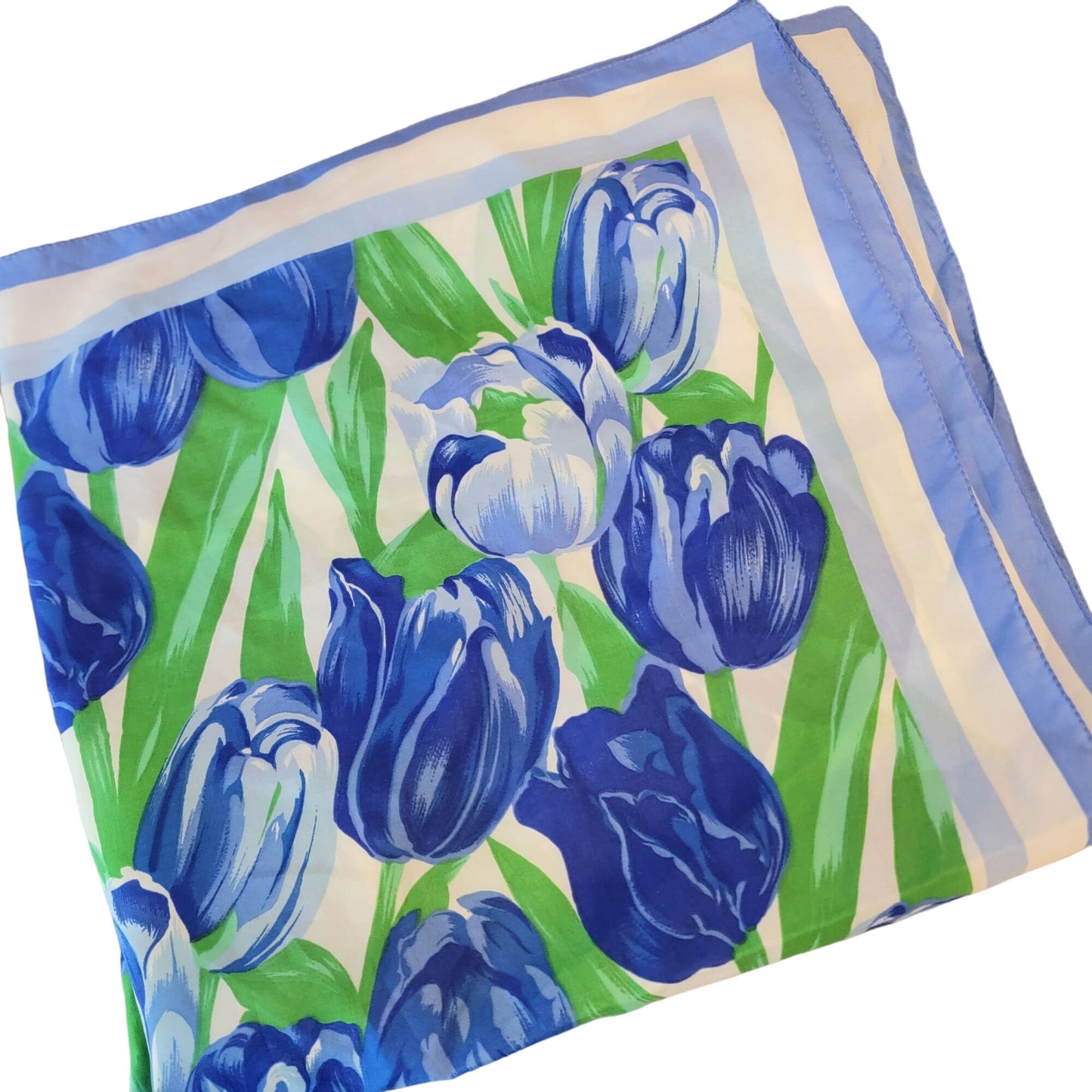 Vintage 80s Tulip Scarf Women Accessories White Blue Green Floral