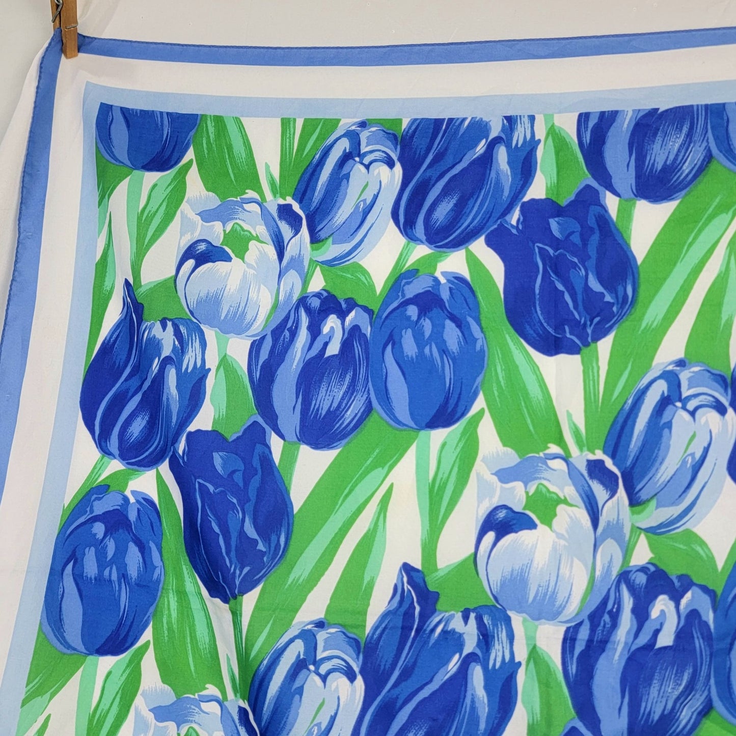 Vintage 80s Tulip Scarf Women Accessories White Blue Green Floral