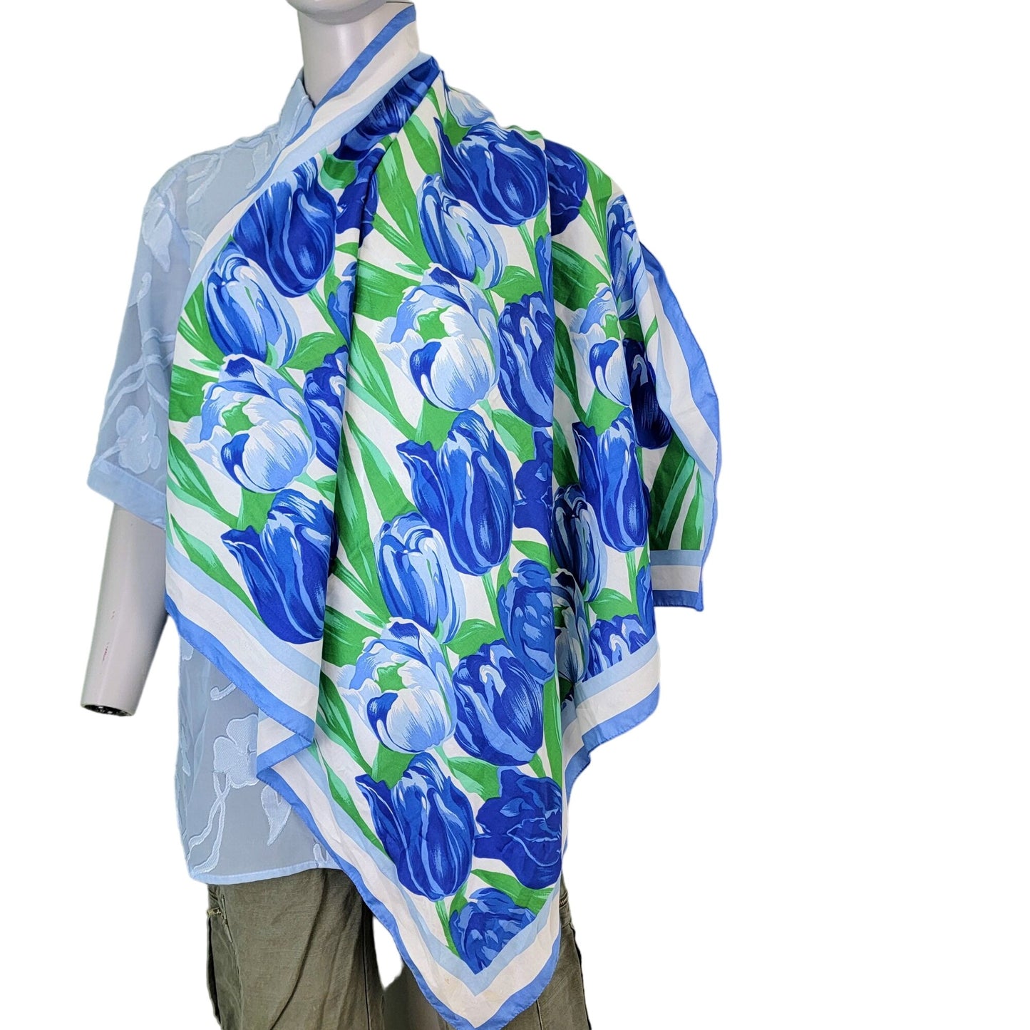 Vintage 80s Tulip Scarf Women Accessories White Blue Green Floral