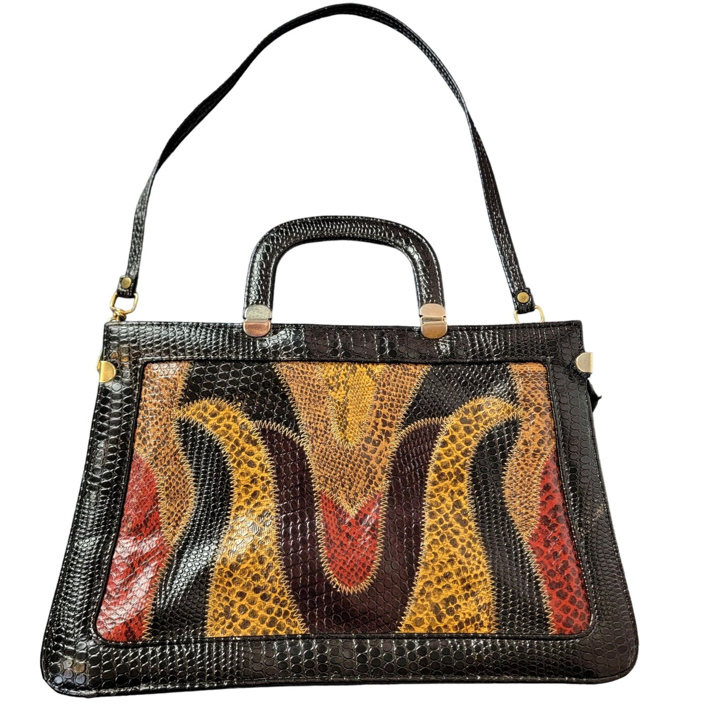 Vintage 80s Leather Satchel Bag Handle Large Purse Black Red Snake
