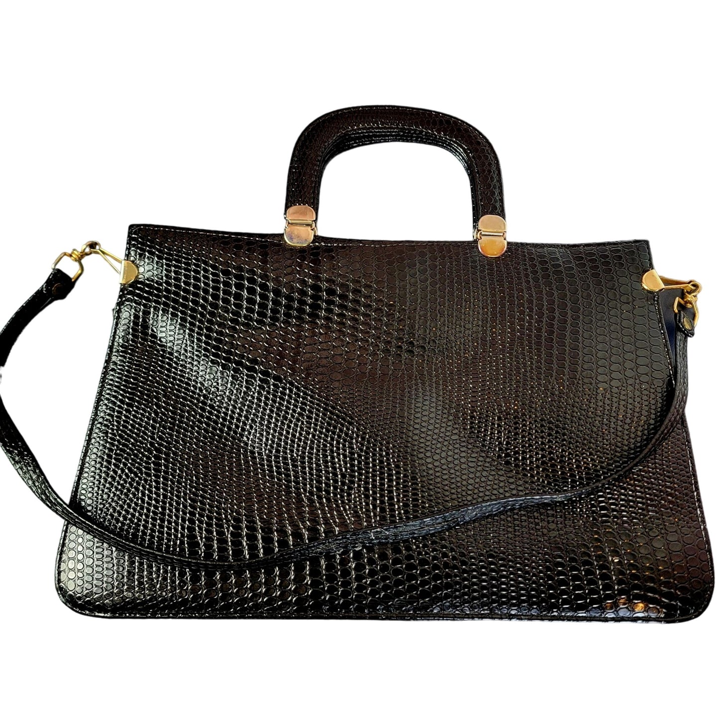 Vintage 80s Leather Satchel Bag Handle Large Purse Black Red Snake