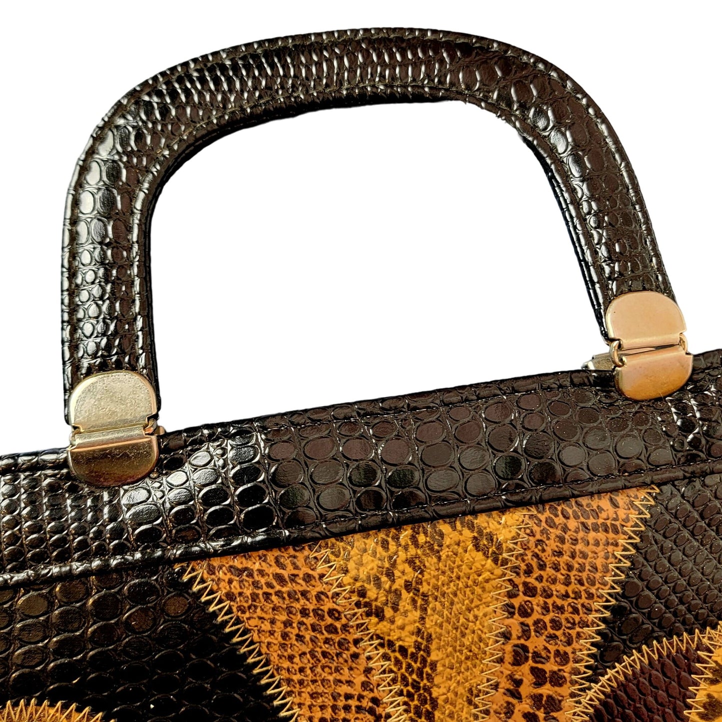 Vintage 80s Leather Satchel Bag Handle Large Purse Black Red Snake