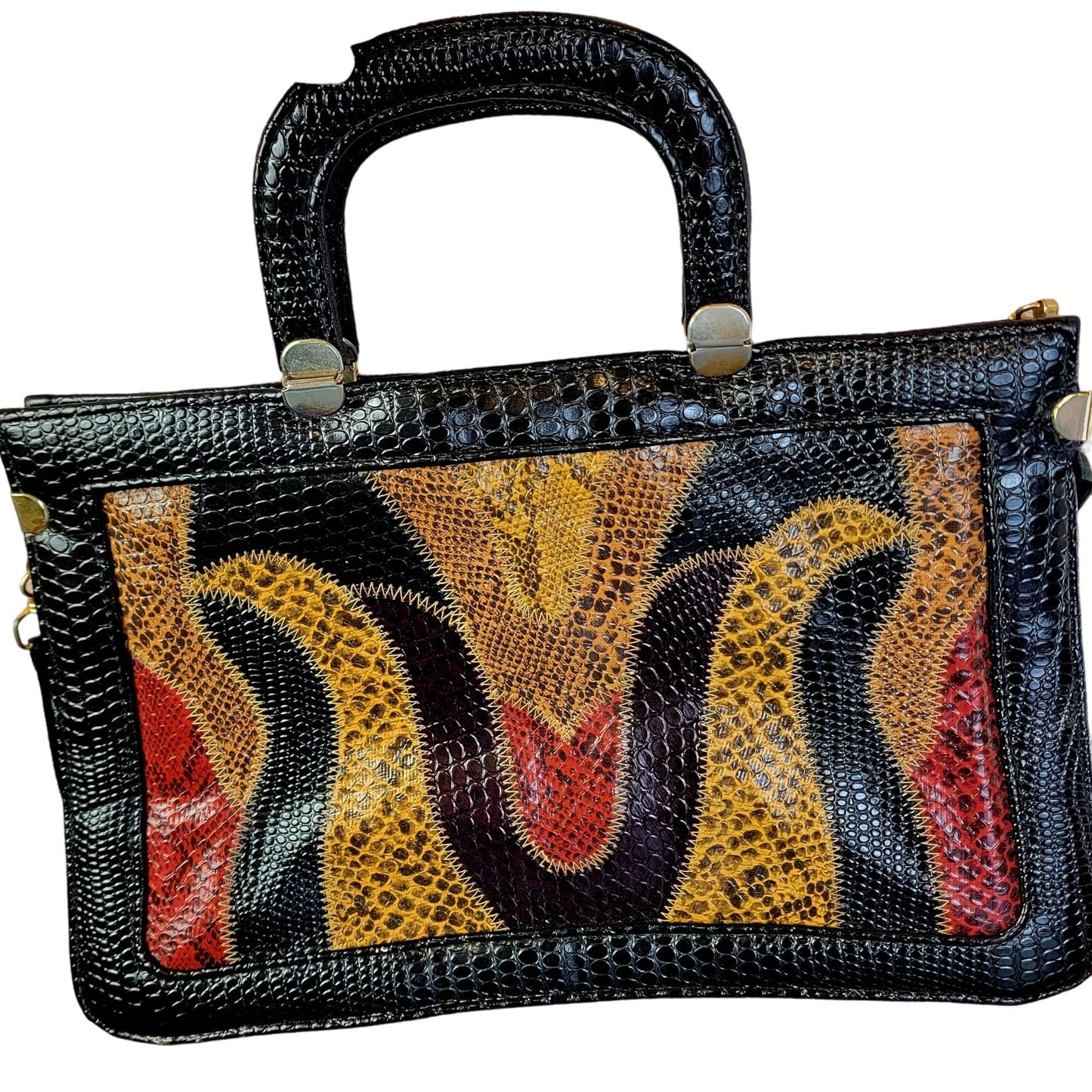 Vintage 80s Leather Satchel Bag Handle Large Purse Black Red Snake