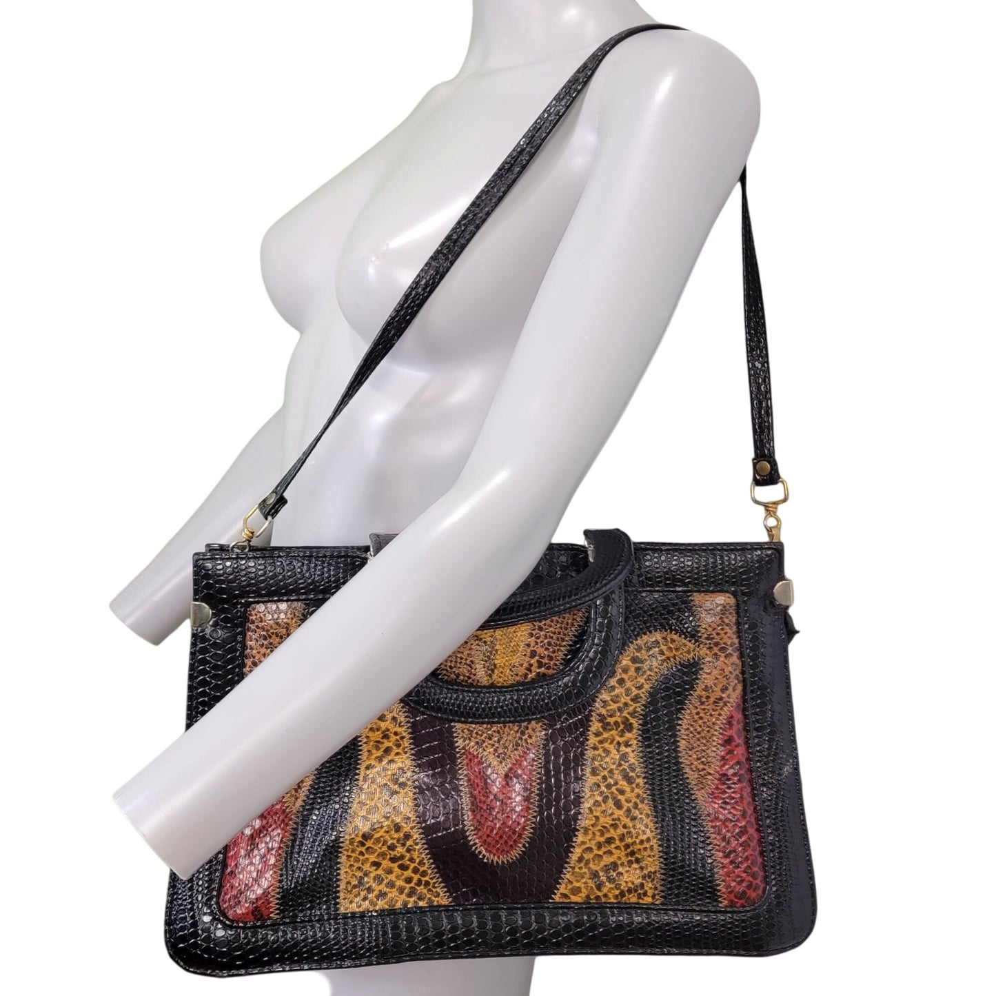 Vintage 80s Leather Satchel Bag Handle Large Purse Black Red Snake