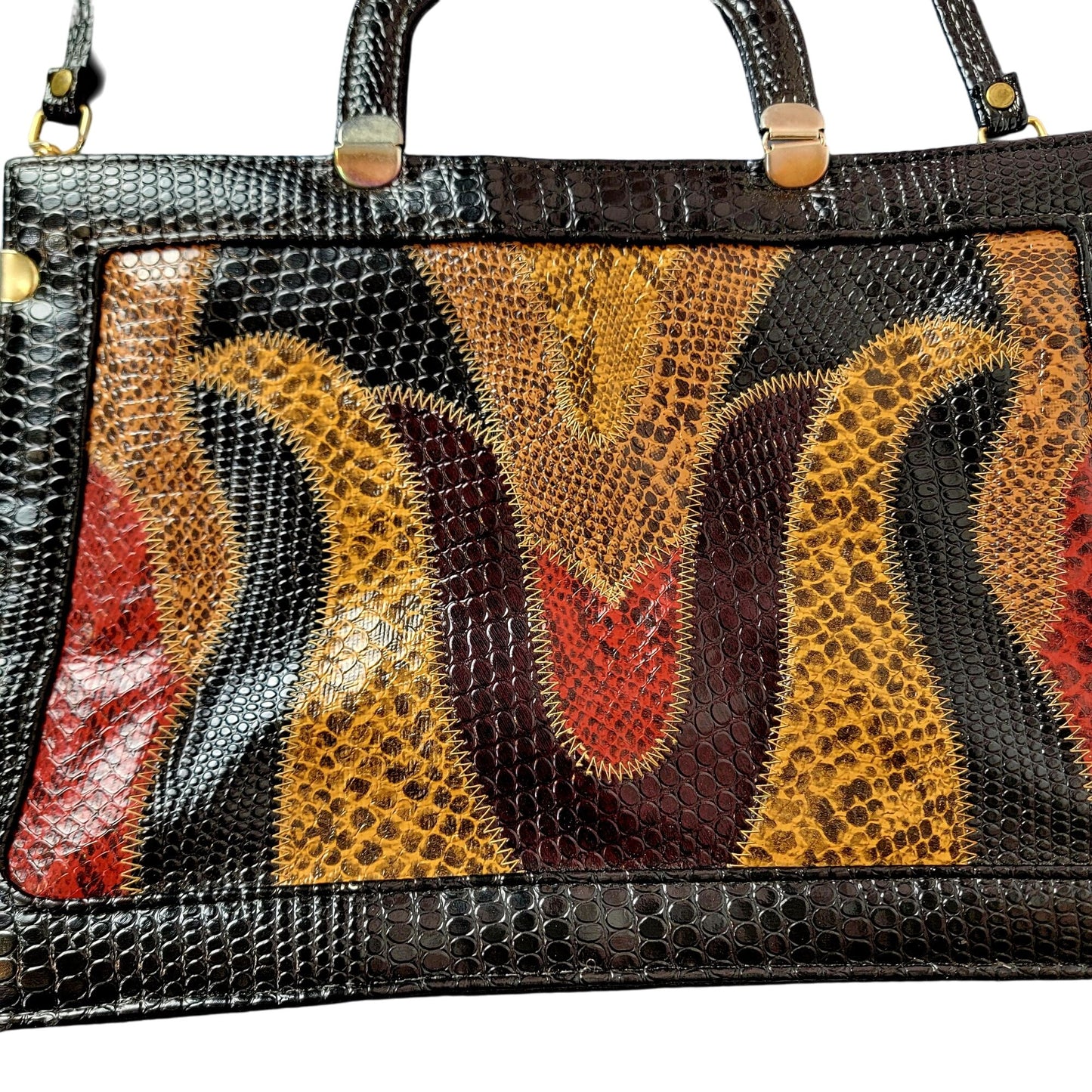 Vintage 80s Leather Satchel Bag Handle Large Purse Black Red Snake