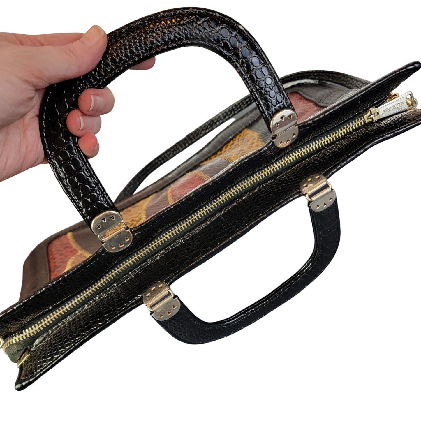 Vintage 80s Leather Satchel Bag Handle Large Purse Black Red Snake