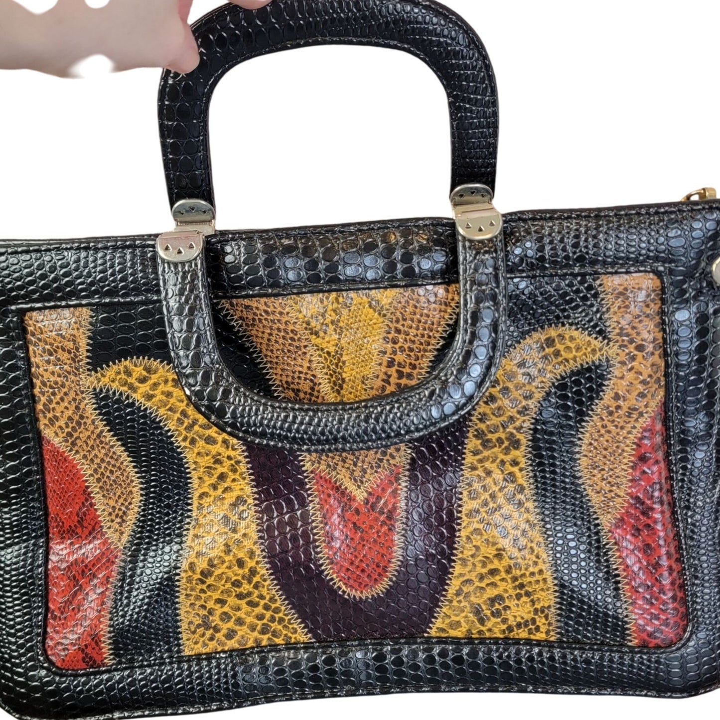 Vintage 80s Leather Satchel Bag Handle Large Purse Black Red Snake