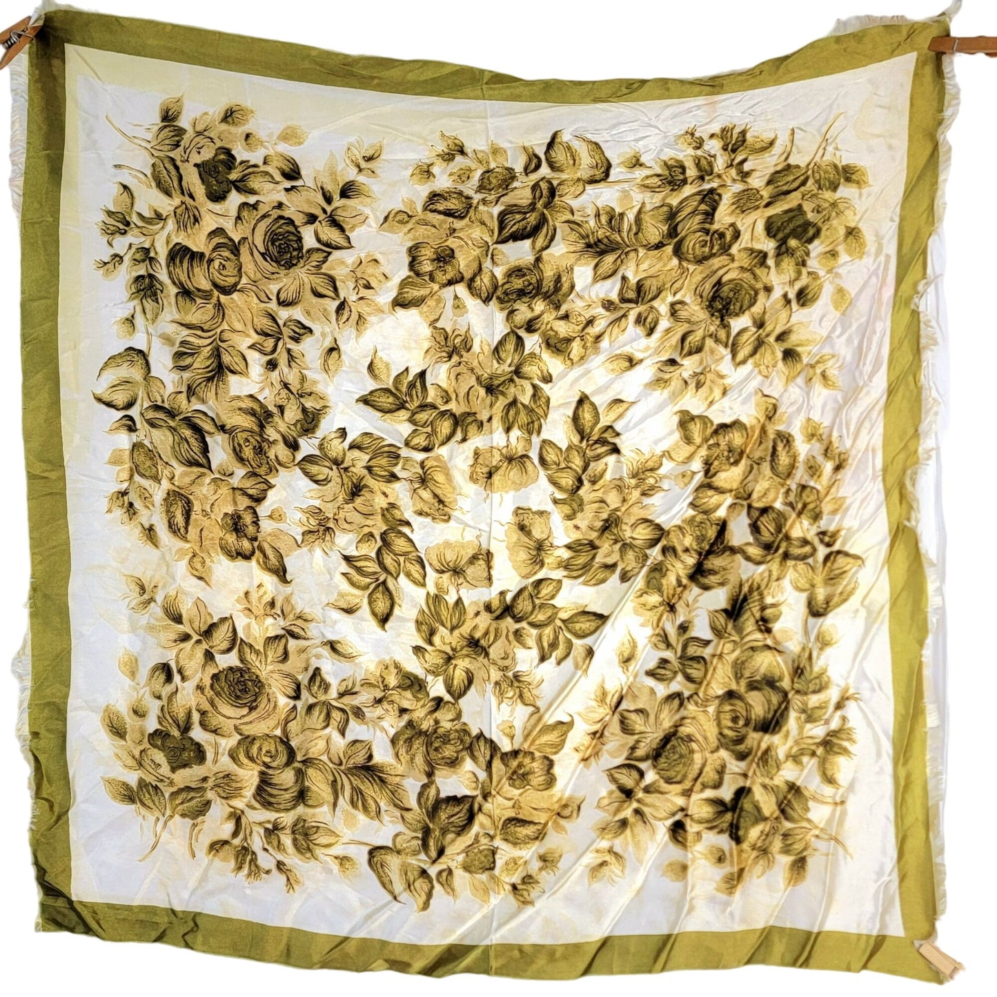 Vintage 70s Floral Scarf Women Accessories Green Beige Fall Leaves