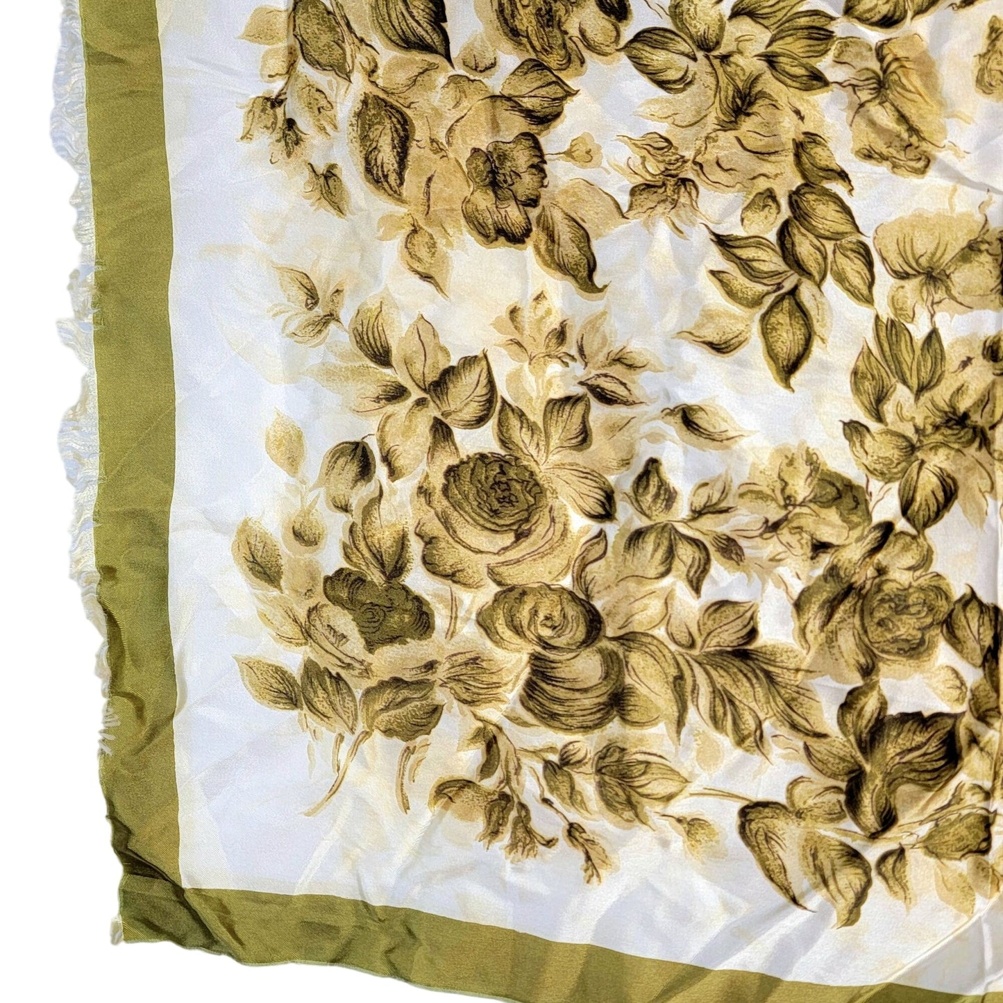 Vintage 70s Floral Scarf Women Accessories Green Beige Fall Leaves