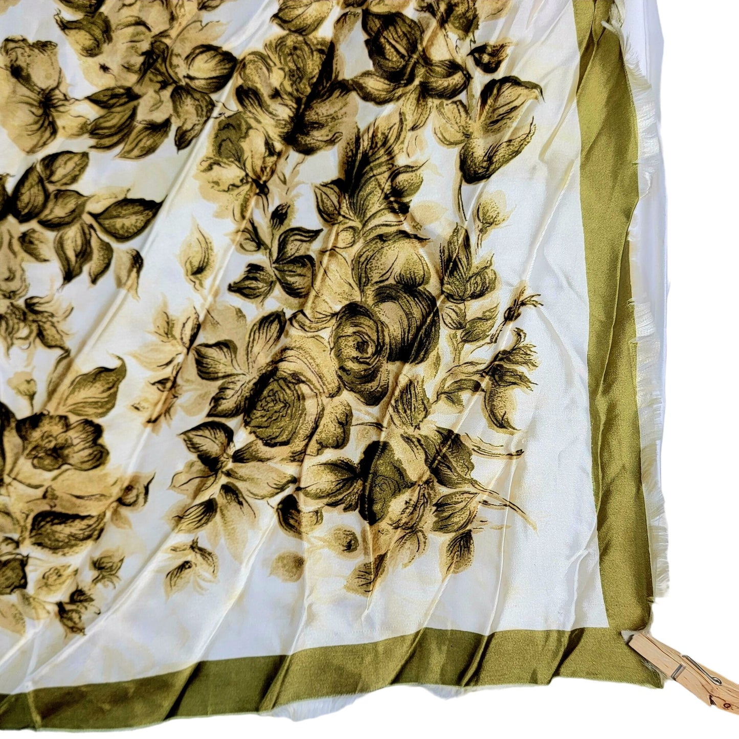Vintage 70s Floral Scarf Women Accessories Green Beige Fall Leaves