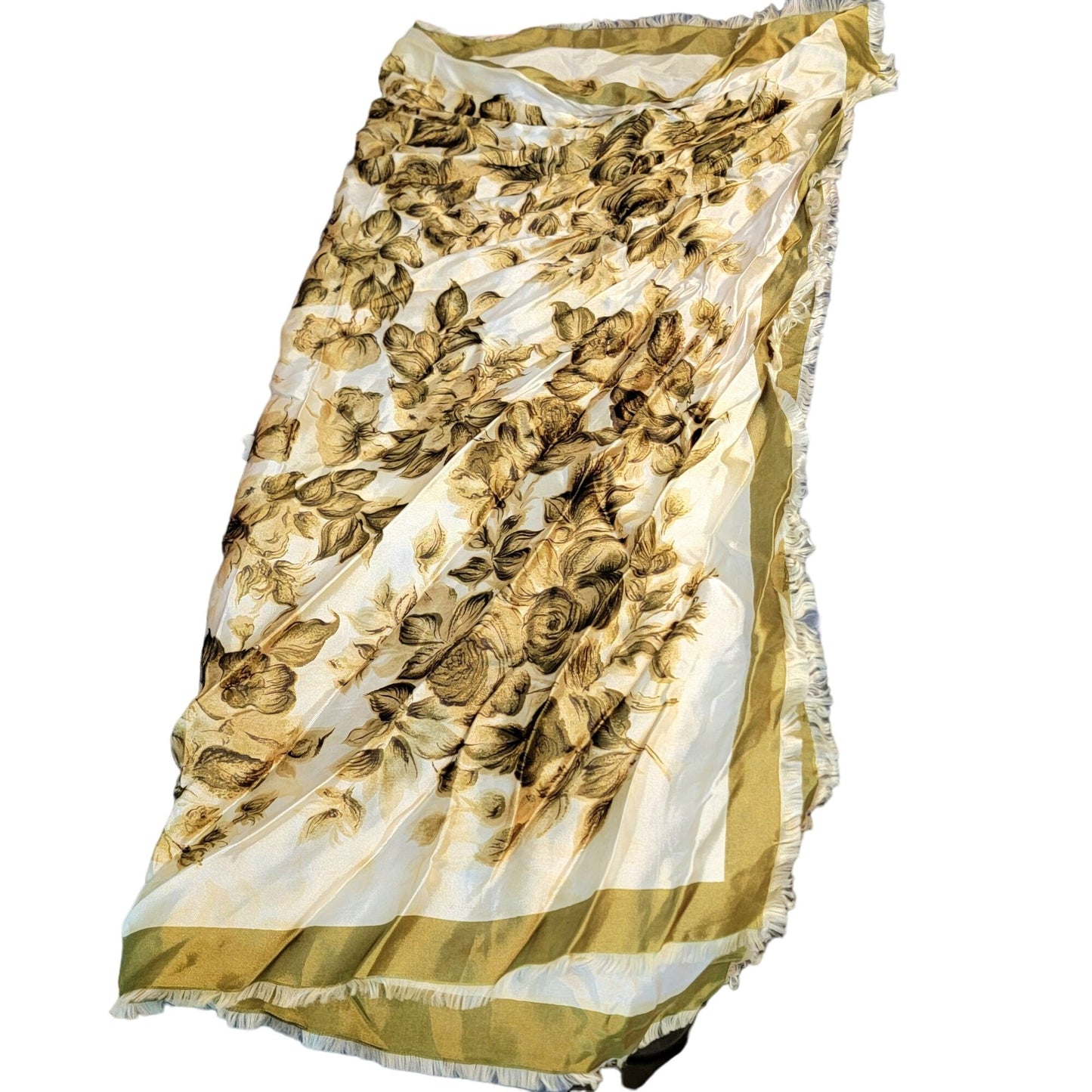 Vintage 70s Floral Scarf Women Accessories Green Beige Fall Leaves