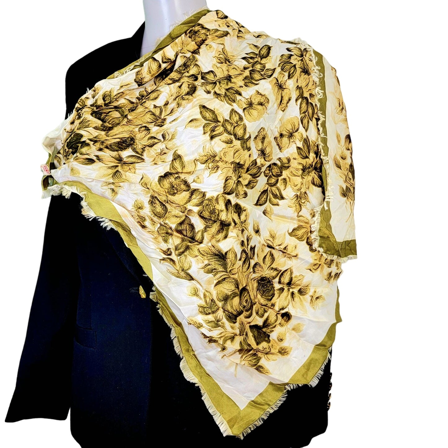 Vintage 70s Floral Scarf Women Accessories Green Beige Fall Leaves