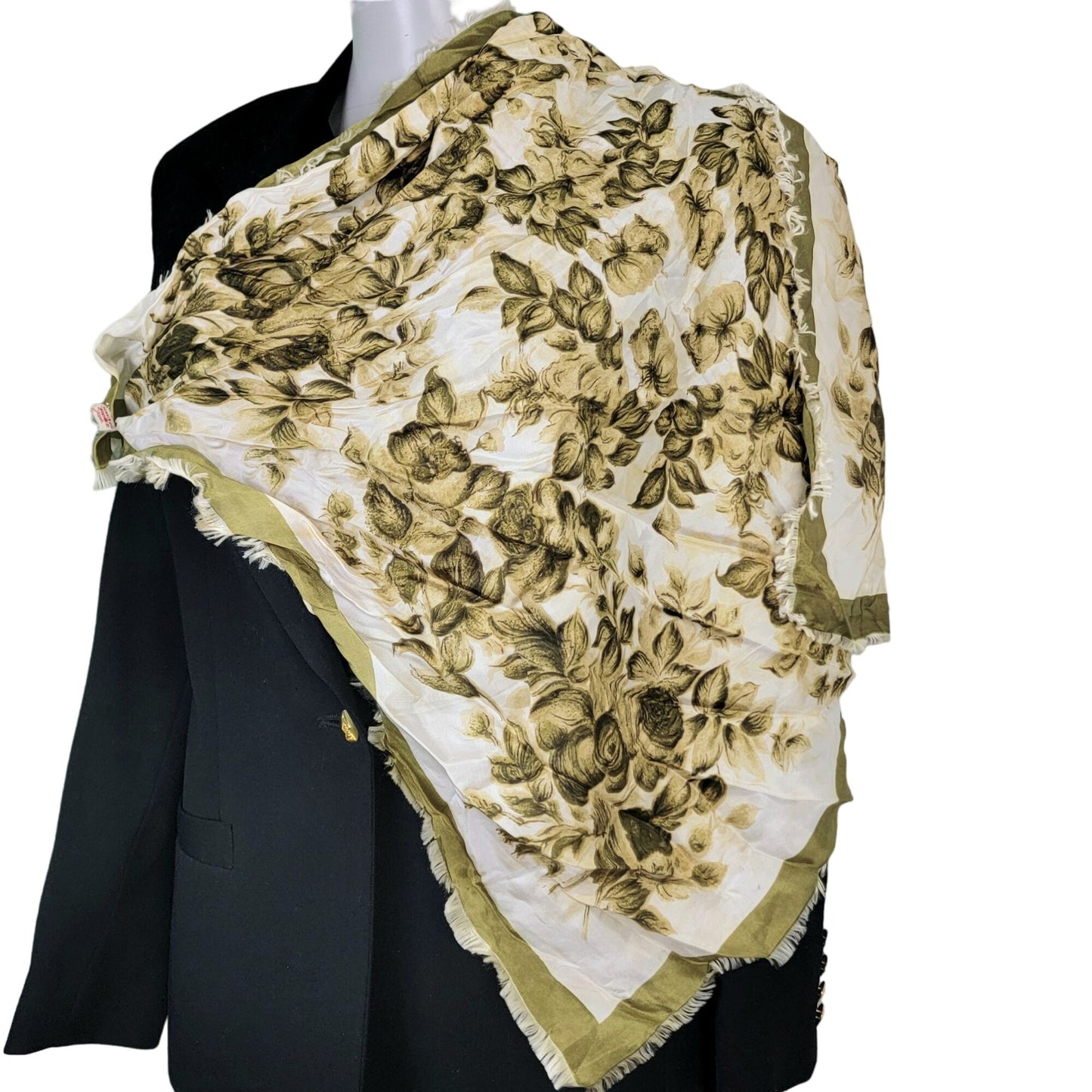 Vintage 70s Floral Scarf Women Accessories Green Beige Fall Leaves